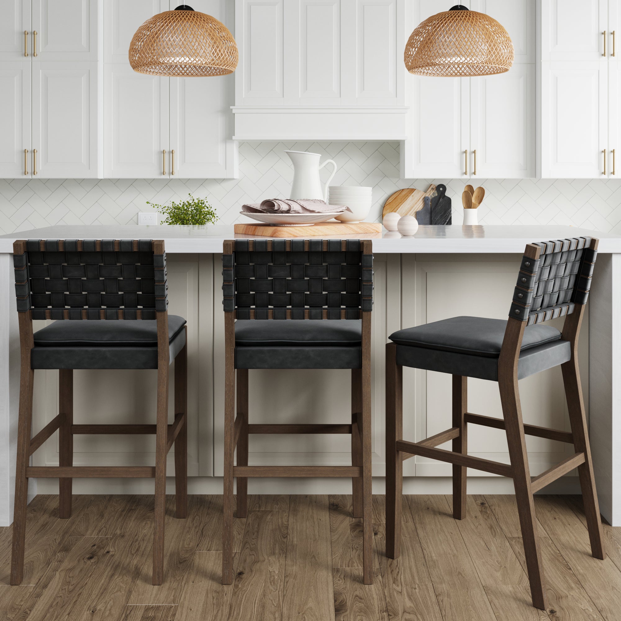Faux Leather Woven Bar Stools Black (Set of 3) - Nathan James