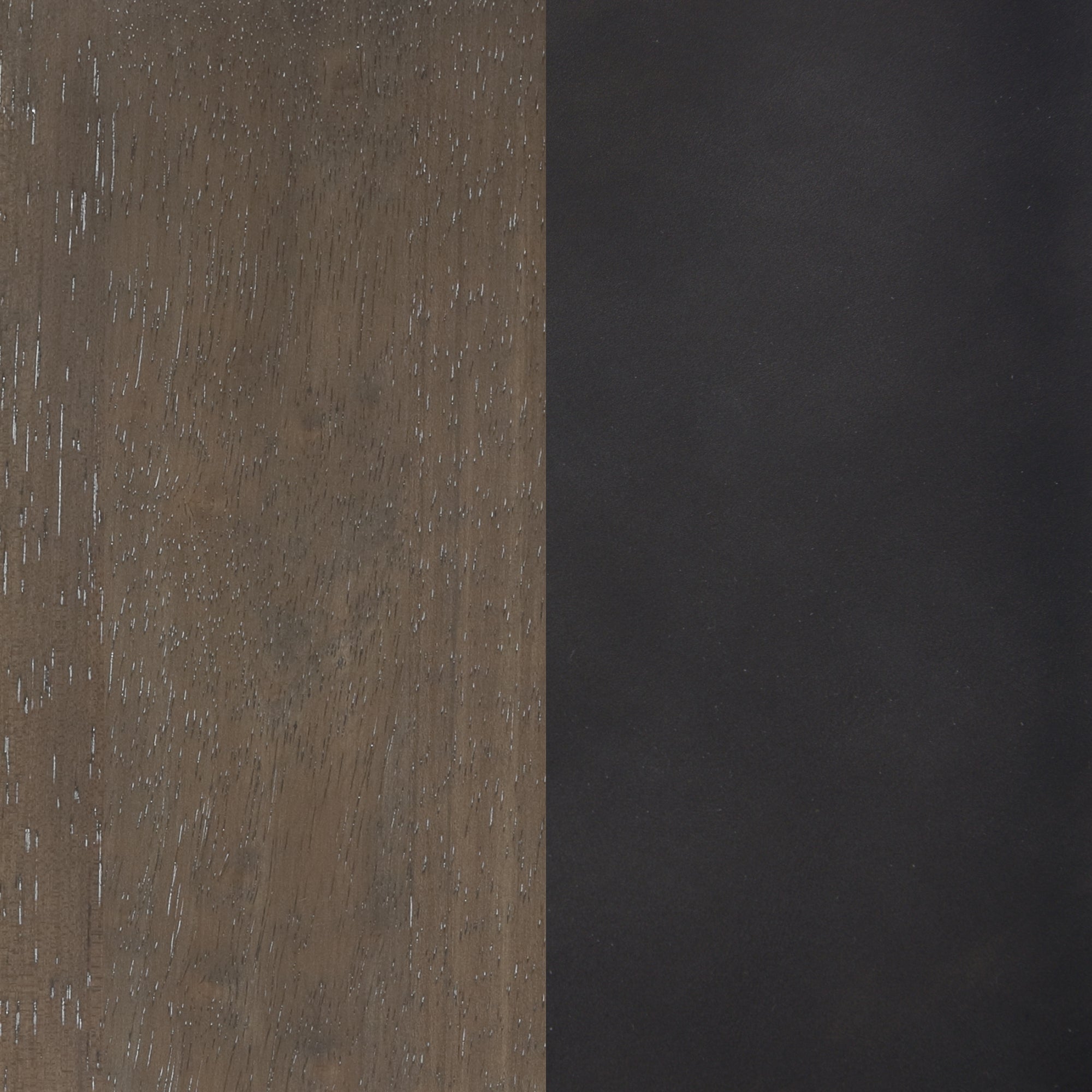 A split image showing two textures: the left side has a brown wood grain with visible pores and streaks, while the right side is a smooth, solid black surface.