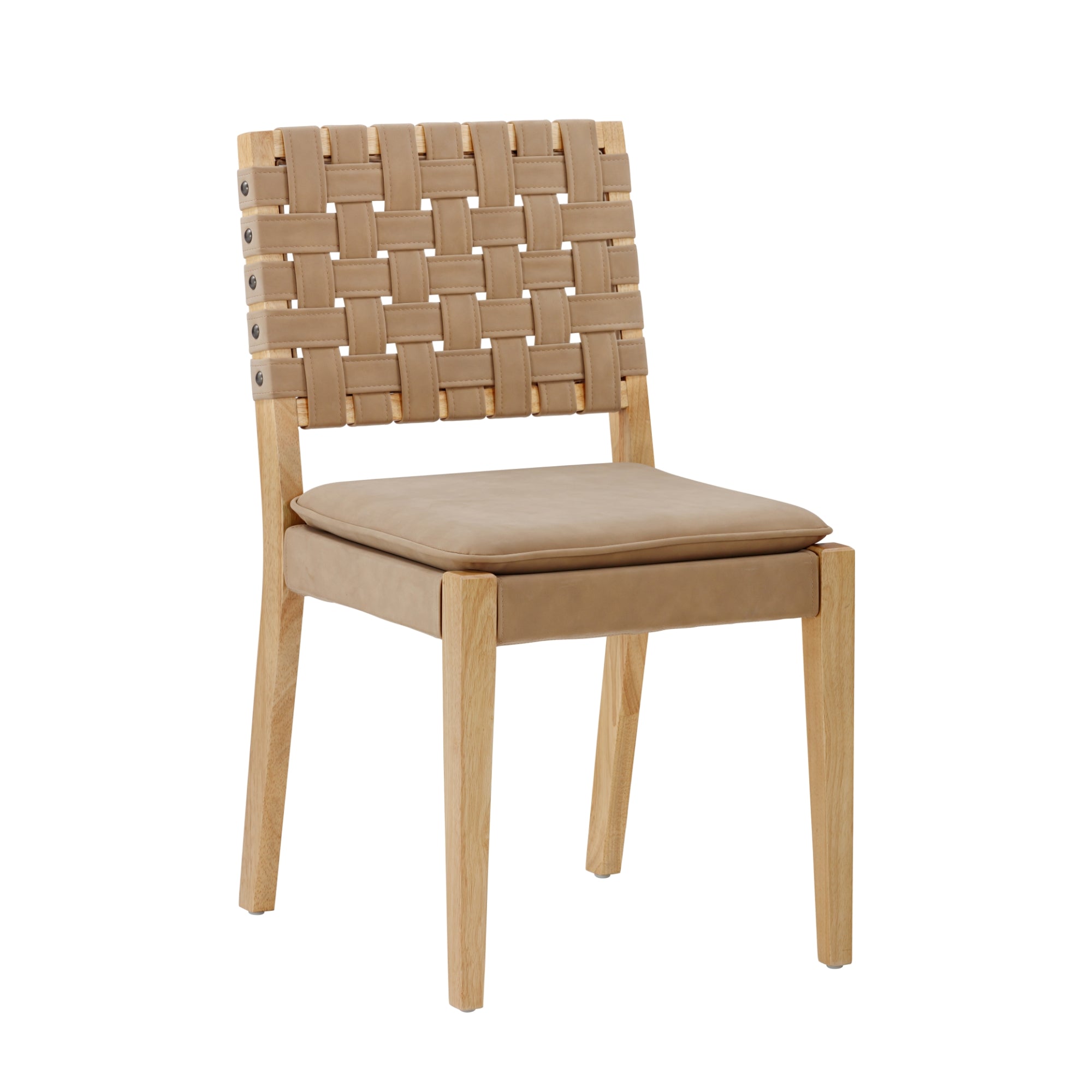 A wooden chair with a light brown woven backrest, matching cushioned seat, and straight wooden legs, shown on a white background.