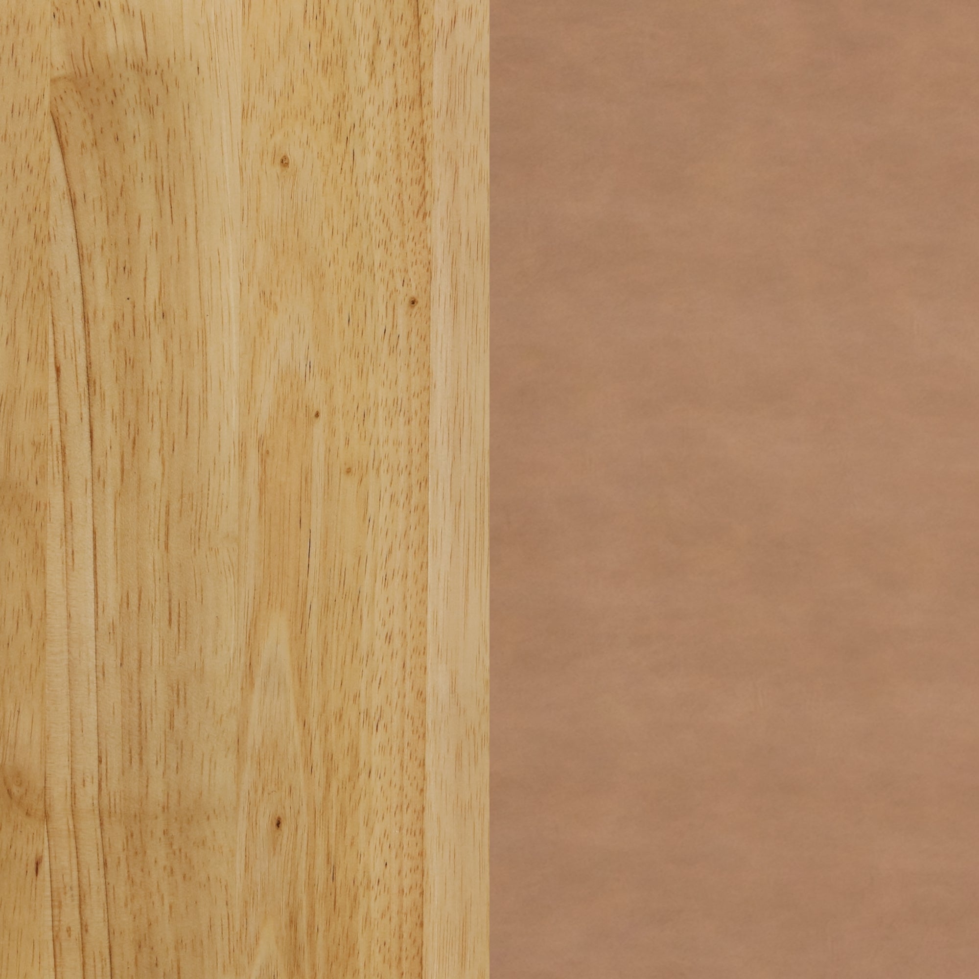 A vertical split image showing wood grain texture on the left side and smooth brown leather texture on the right side.