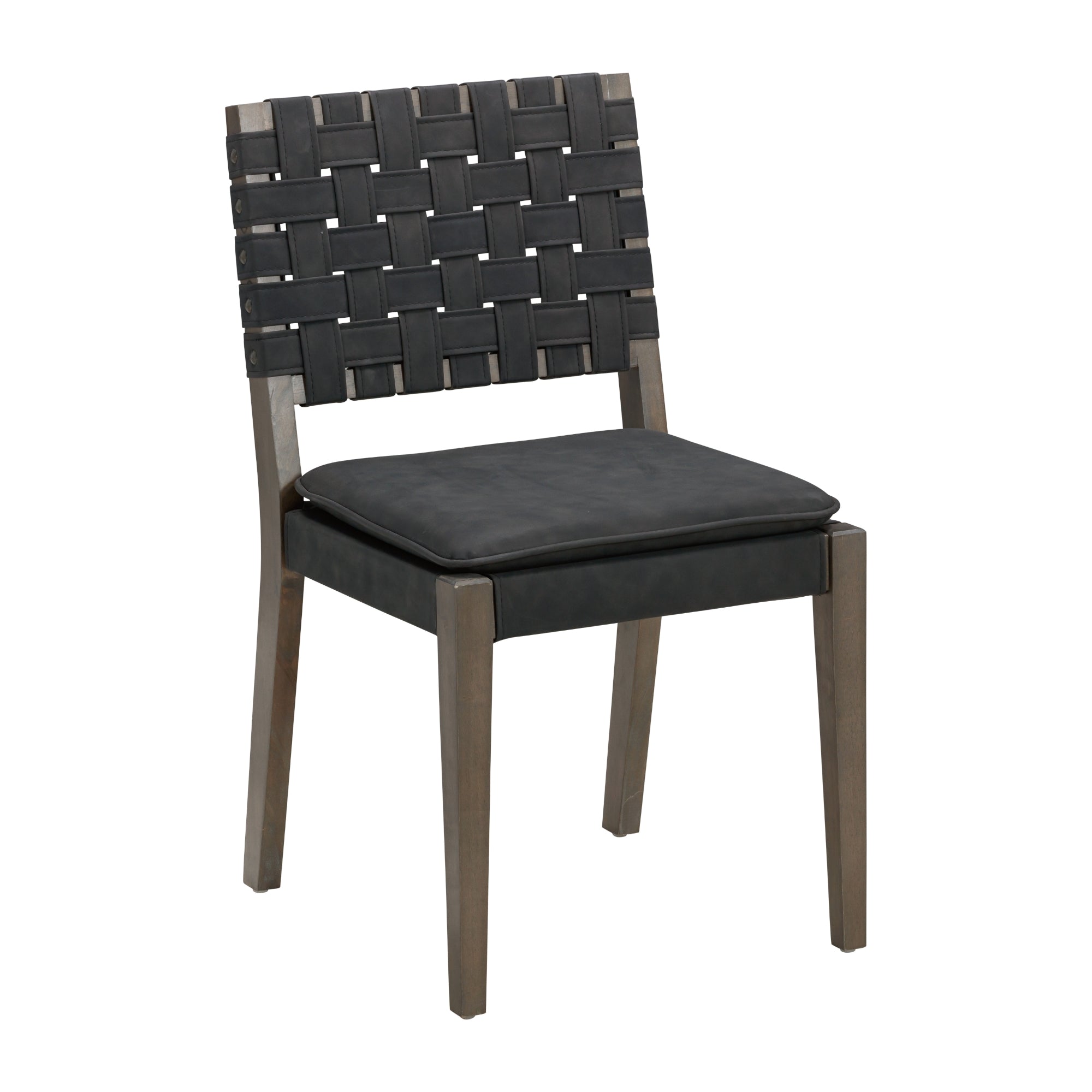 A modern chair with a wooden frame, black woven straps forming the backrest, and a black cushioned seat. The design features straight legs and a contemporary style.