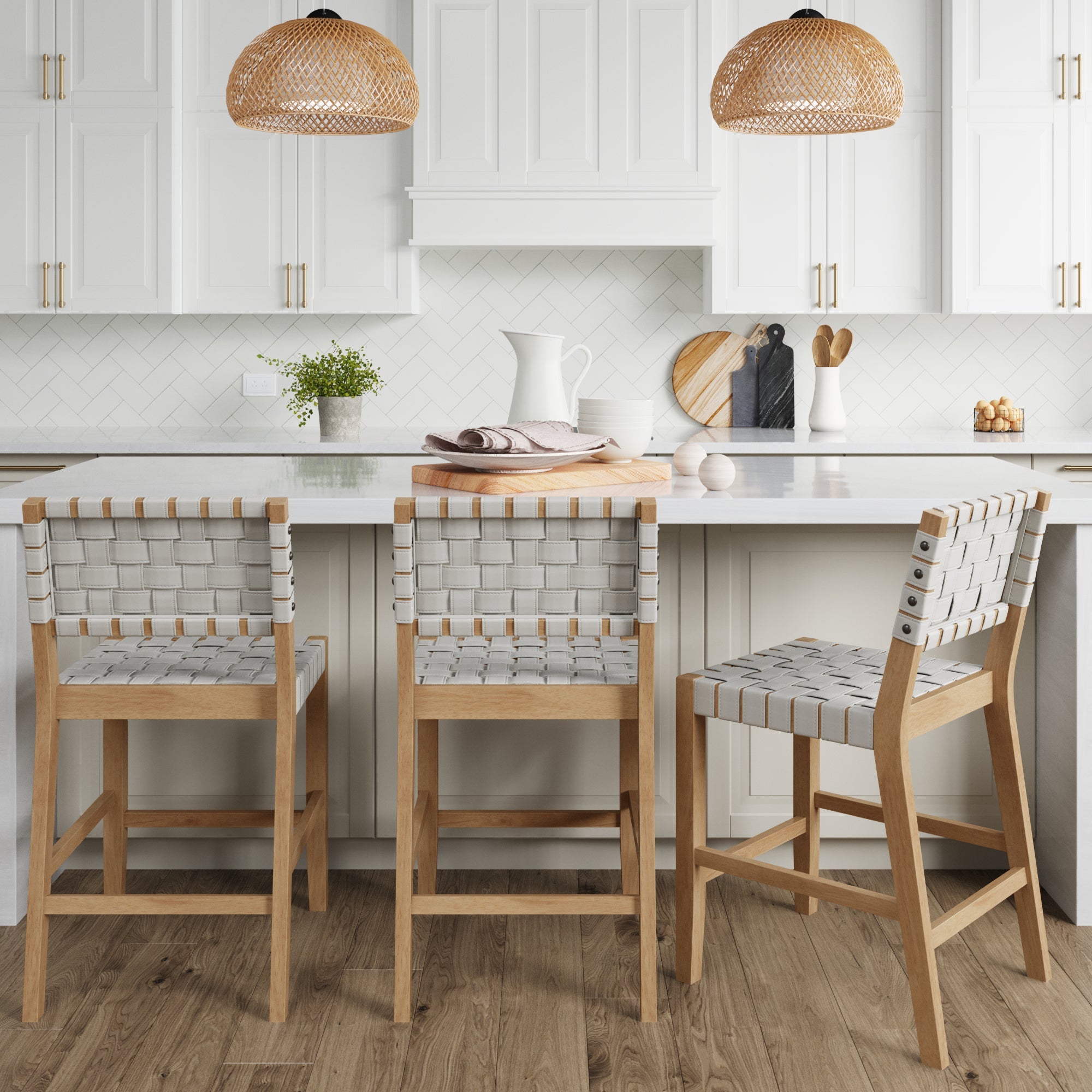 Faux Leather Woven Counter Height Bar Stools Off White (Set of 3) - Nathan James
