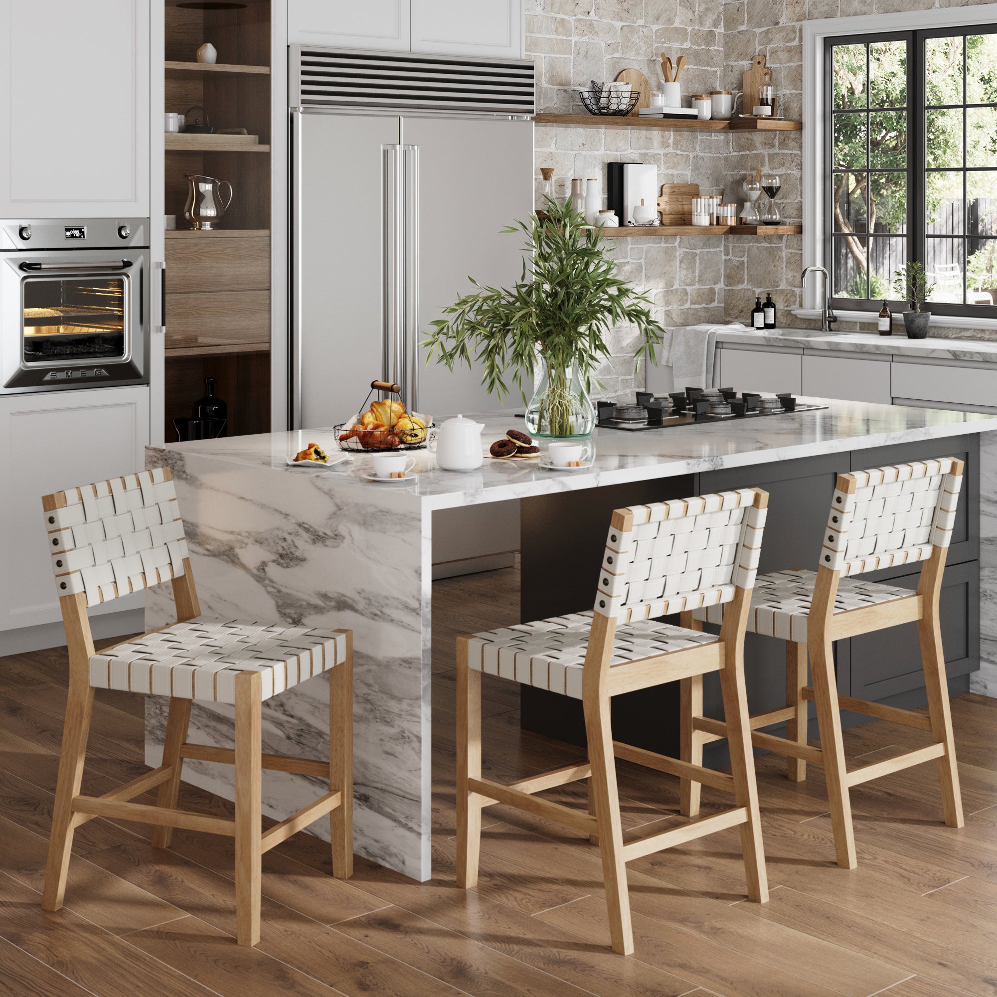 Faux Leather Woven Counter Height Bar Stools Off White (Set of 3) - Nathan James