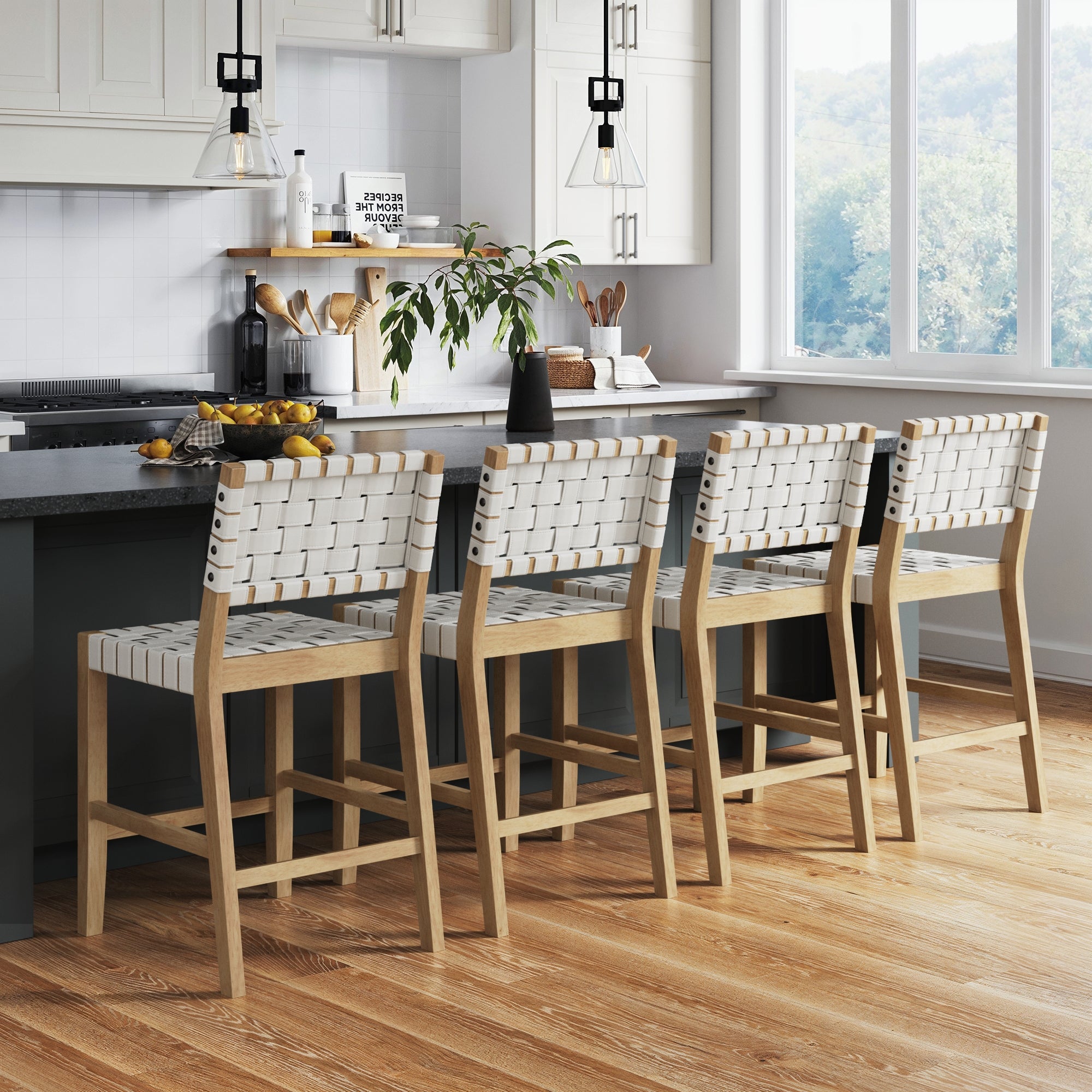 Faux Leather Woven Counter Height Bar Stools Off White (Set of 4) - Nathan James