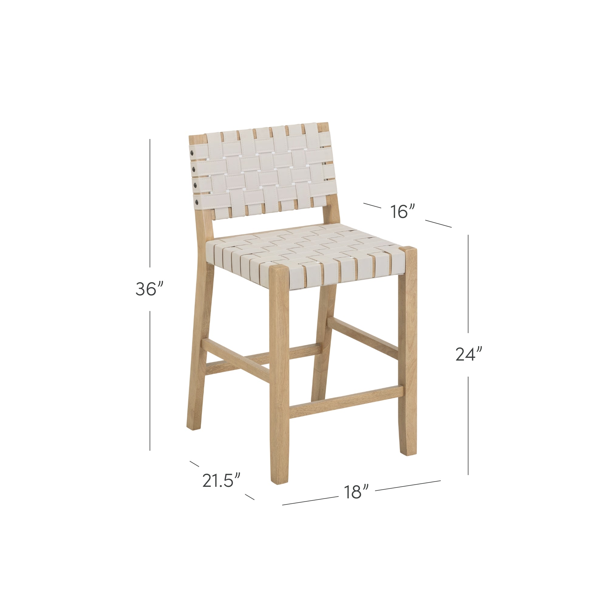 A wooden chair with a woven white seat and backrest. The chair is 36 inches tall, with a seat height of 24 inches, a width of 18 inches, and a depth of 21.5 inches. Dimensions are labeled around the chair.