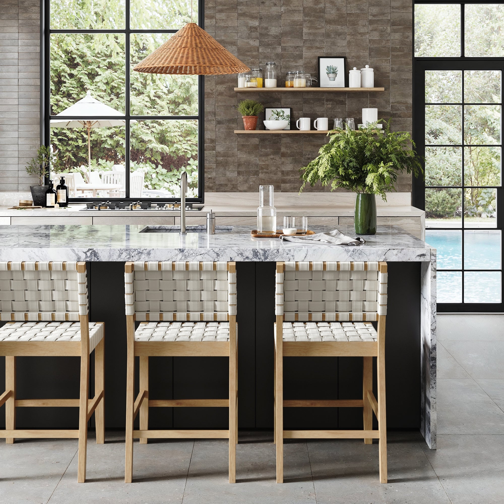 Faux Leather Woven Counter Height Bar Stool Off White - Nathan James
