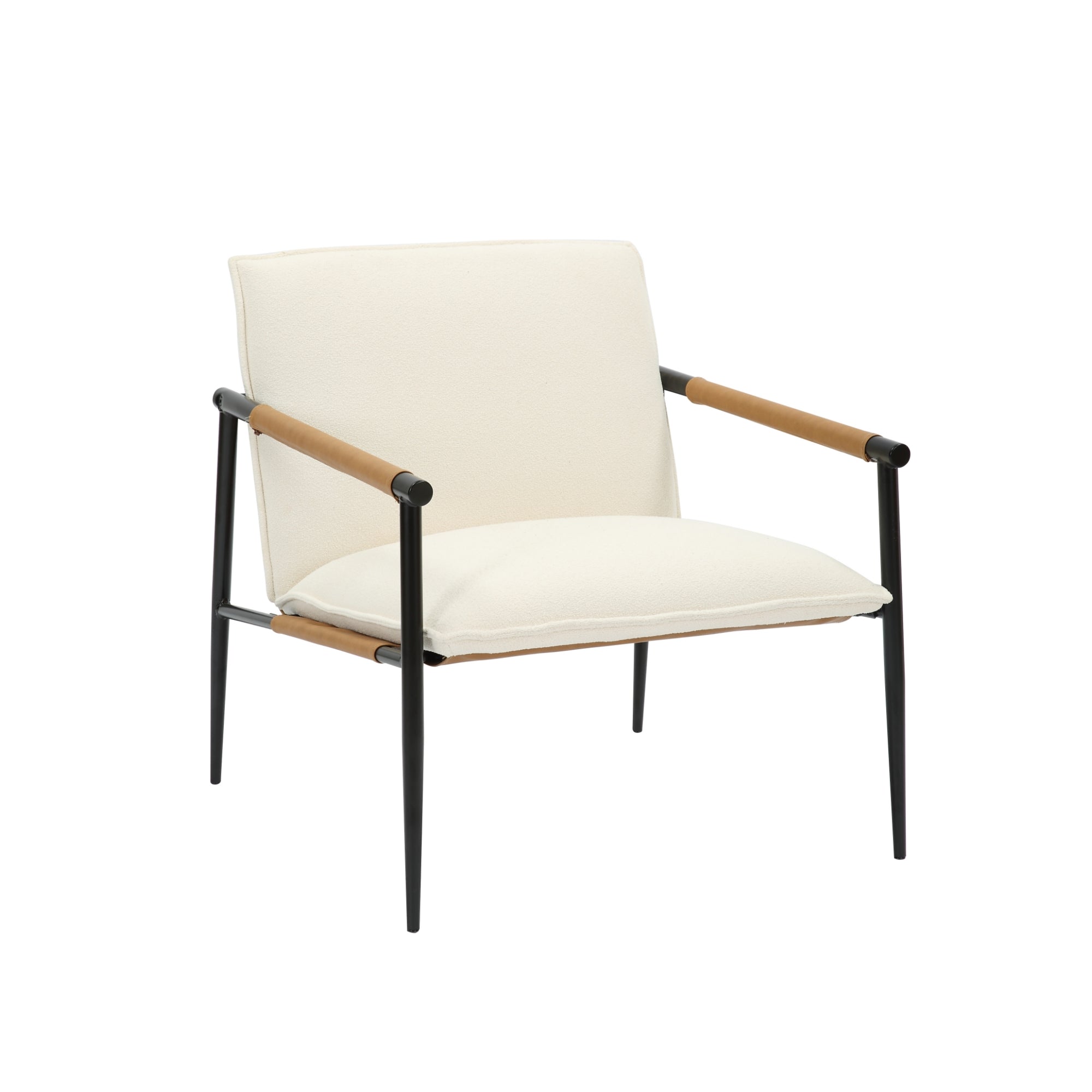 A modern accent chair with a white cushioned seat and backrest, black metal frame, and wooden armrests, shown against a plain white background.
