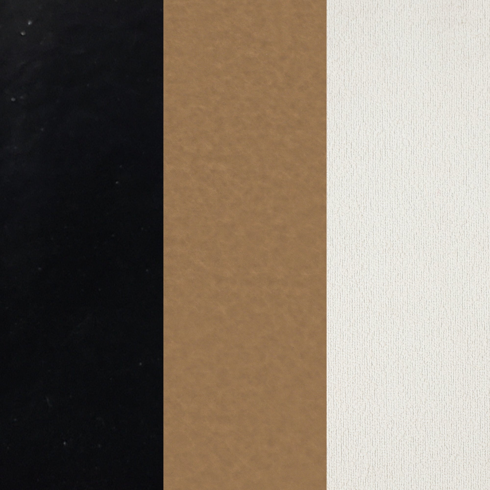 Three vertical panels: the left panel is solid black, the middle panel is medium brown, and the right panel is off-white. Each panel has a subtle textured surface.