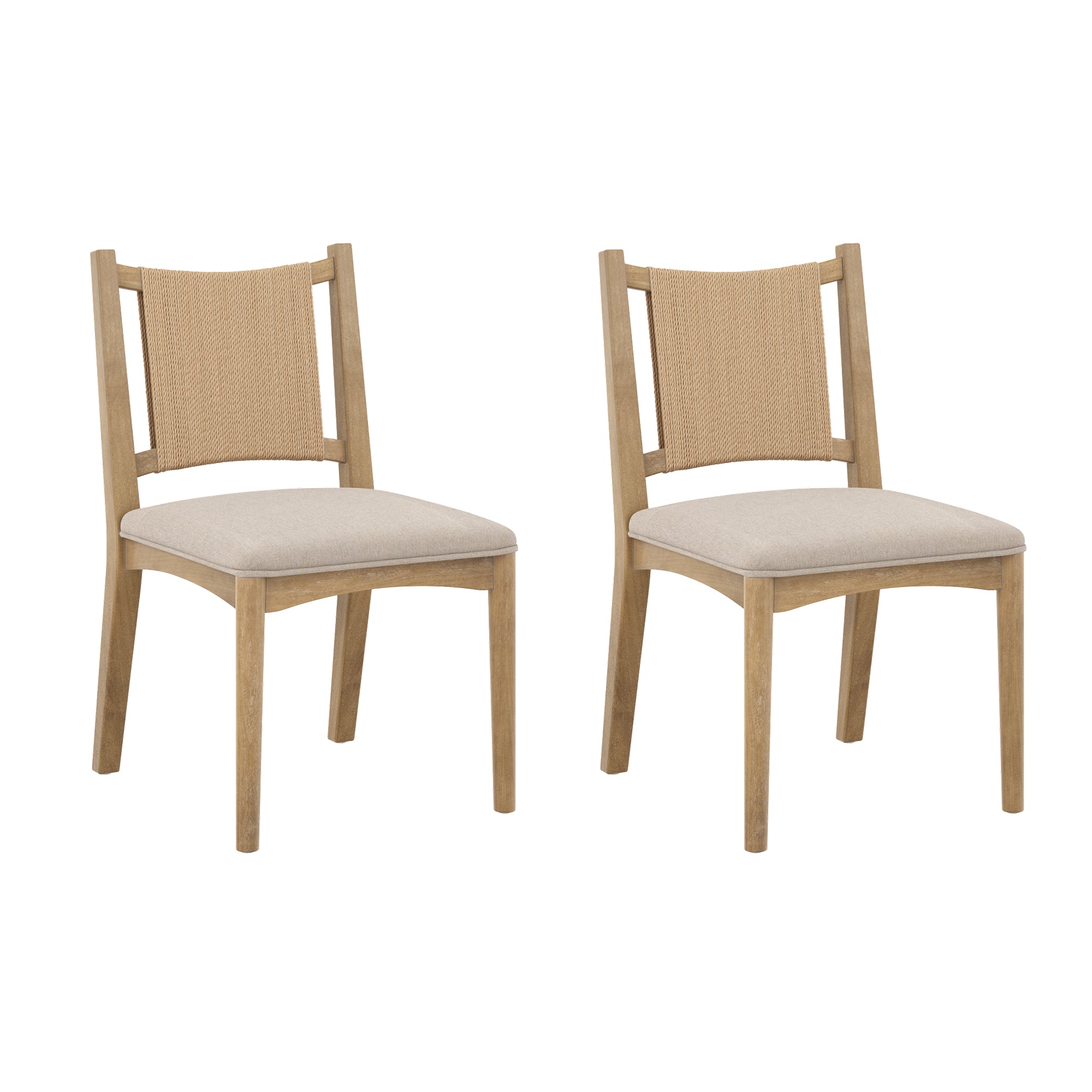 Two wooden chairs with light tan upholstered seats and woven rattan backs, positioned side by side on a white background.