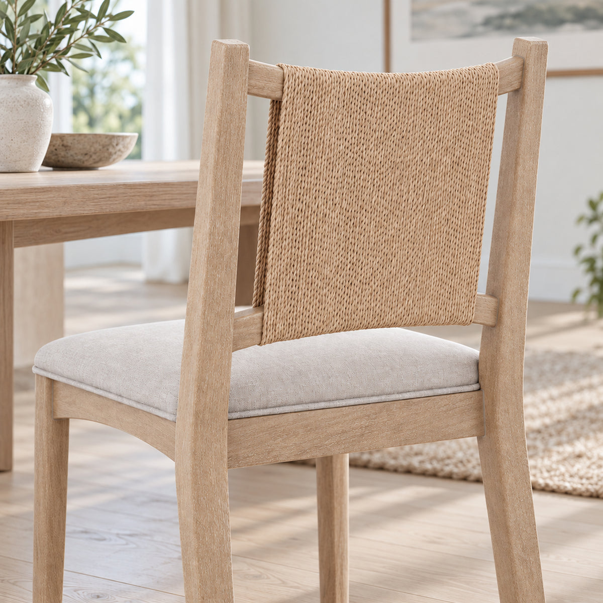 Light wood dining chair with a woven tan back panel and a neutral upholstered seat.