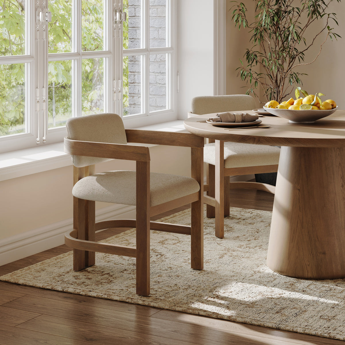 Boucle Dining Chair w/ Curved Back and Arm Light Brown (Set of 2) - Nathan James