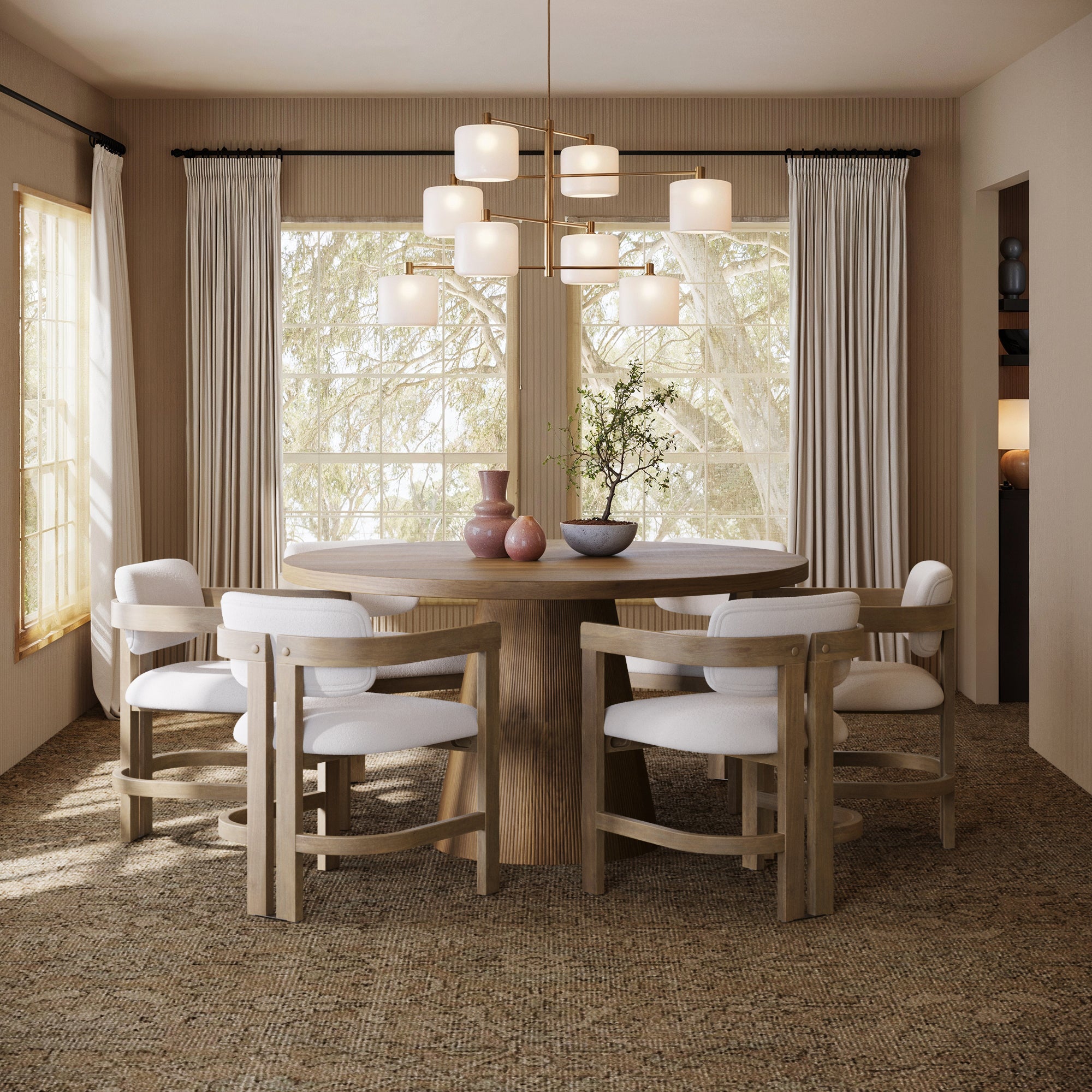 Boucle Dining Chair w/ Curved Back and Arm Light Brown (Set of 6) - Nathan James