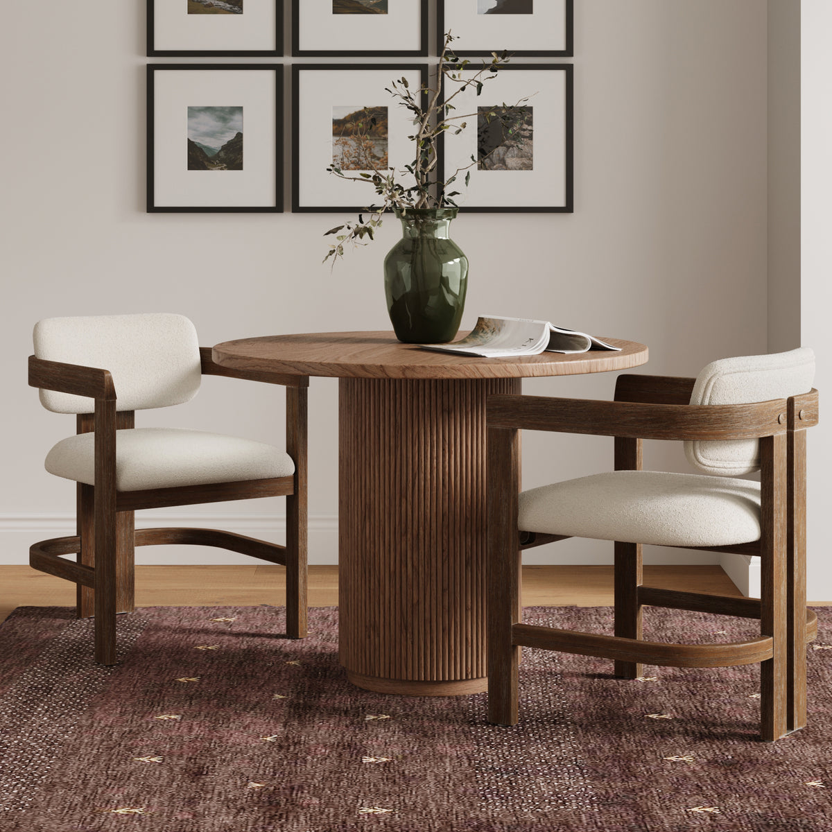 Two Modern Boucle Wood Dining Chair w/ Curved Back Dark Brown (Set of 2) with cream seats flanking a fluted wood table.