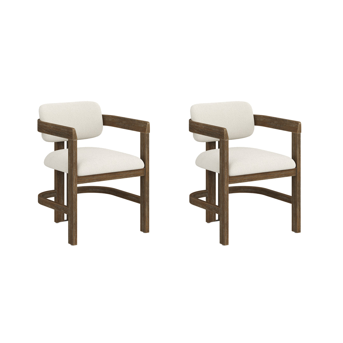 Two Modern Boucle Wood Dining Chair w/ Curved Back Dark Brown (Set of 2) with off-white upholstered seats.