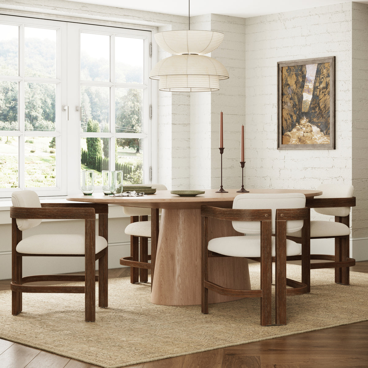 Four Nathan James Modern Boucle Wood Dining Chairs w/ Curved Back Dark Brown arranged around a round pedestal table.