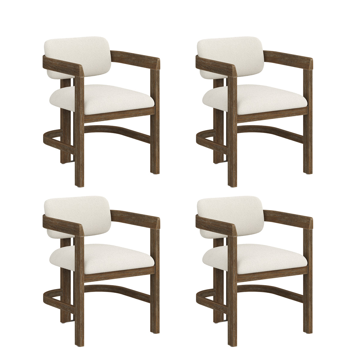 Set of 4 Nathan James Modern Boucle Wood Dining Chairs with dark brown frames and curved, cream-colored seats.