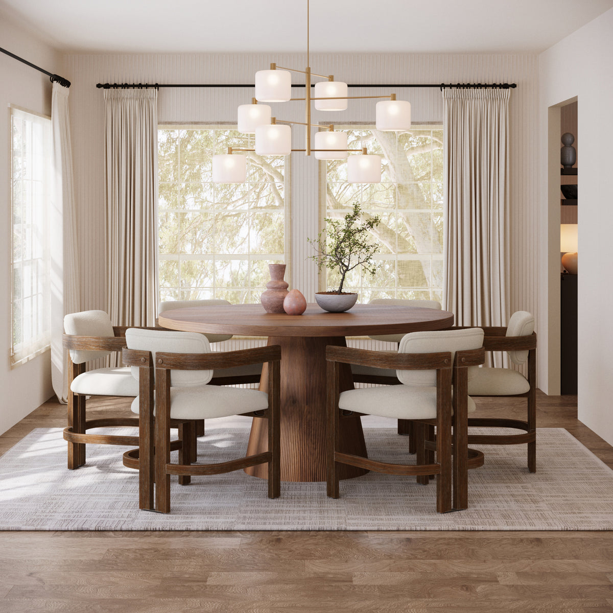 Six Nathan James Modern Boucle Wood Dining Chairs w/ Curved Back Dark Brown surrounding a round wooden table.