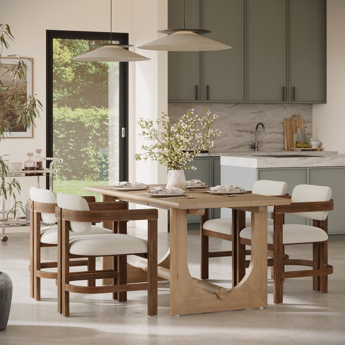 Dark wood dining table with four Modern Boucle Wood Dining Chair w/ Curved Back Dark Brown with white seats.