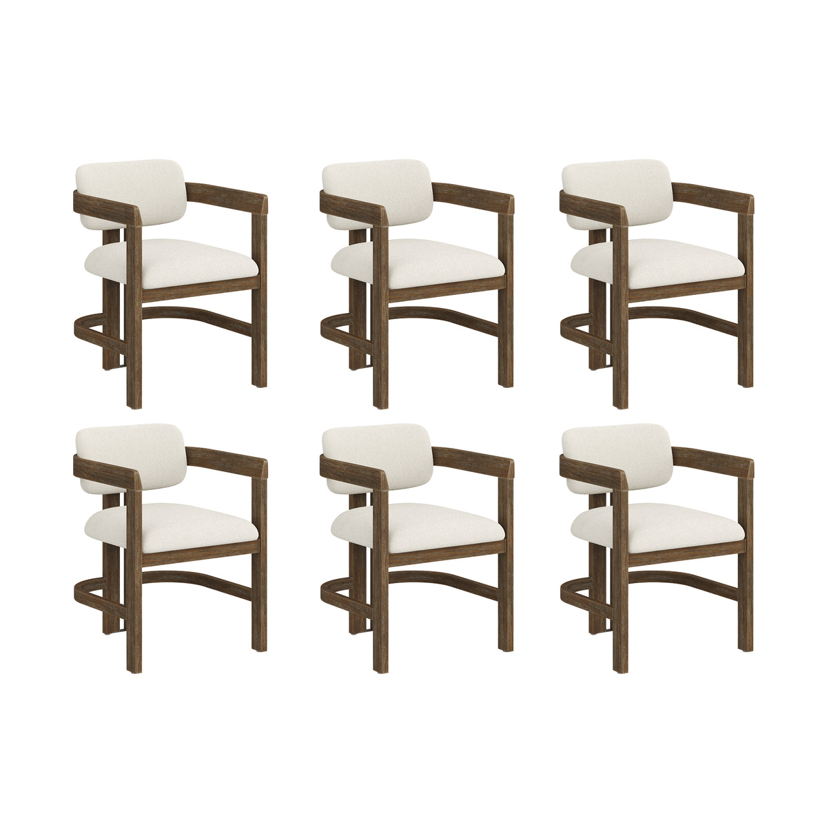 Six Nathan James Modern Boucle Wood Dining Chair w/ Curved Back Dark Brown with cream cushions, in two rows.