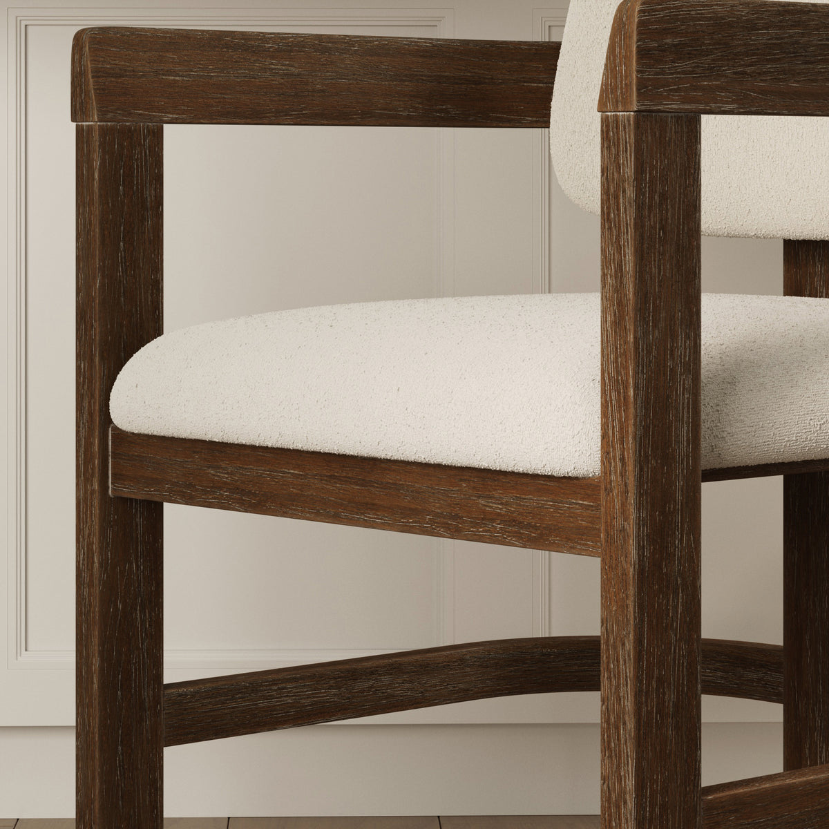 Modern Boucle Wood Dining Chair w/ Curved Back Dark Brown with a dark wood frame and off-white upholstered seat.