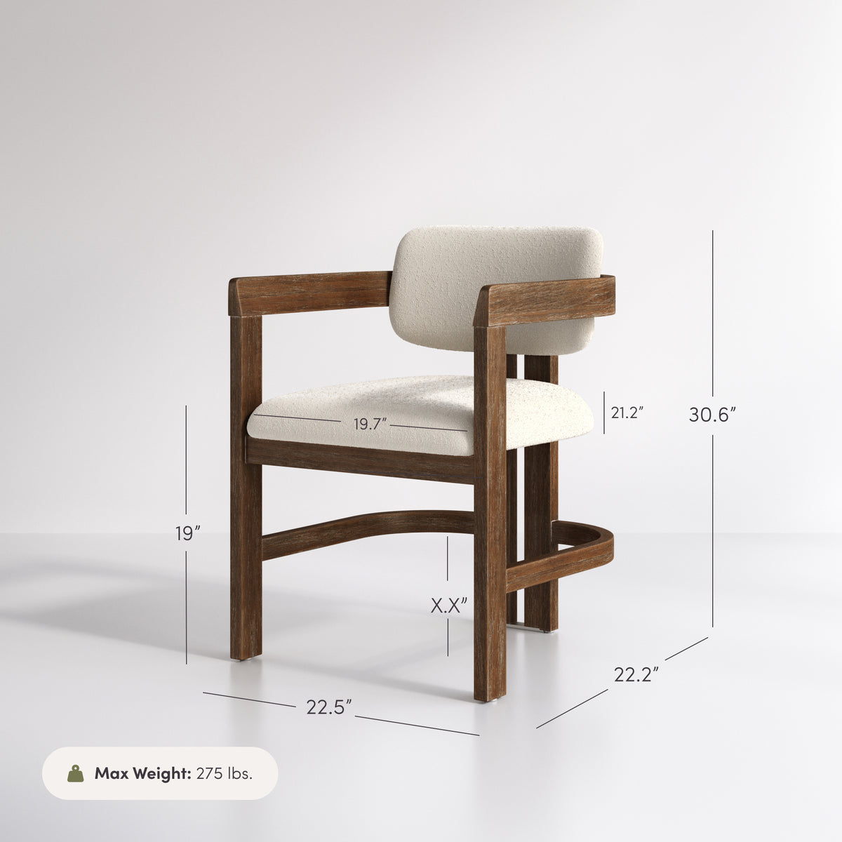 Nathan James Modern Boucle Wood Dining Chair w/ Curved Back Dark Brown with dimensions and a 275 lbs weight limit.