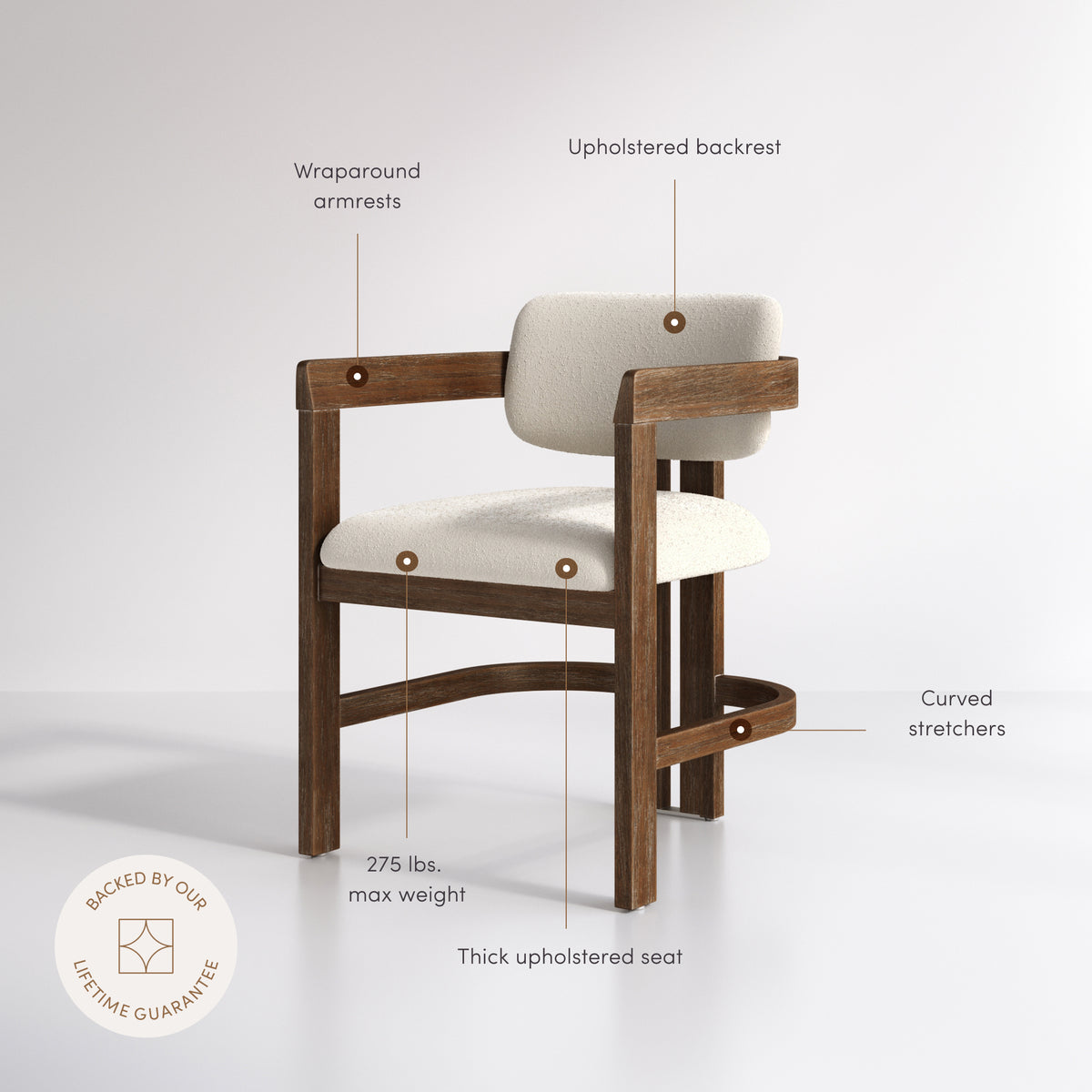 Modern Boucle Wood Dining Chair w/ Curved Back Dark Brown with labels pointing to its features.
