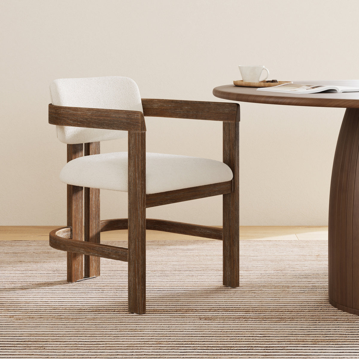 Modern Boucle Wood Dining Chair w/ Curved Back Dark Brown with a curved back and off-white textured upholstery.