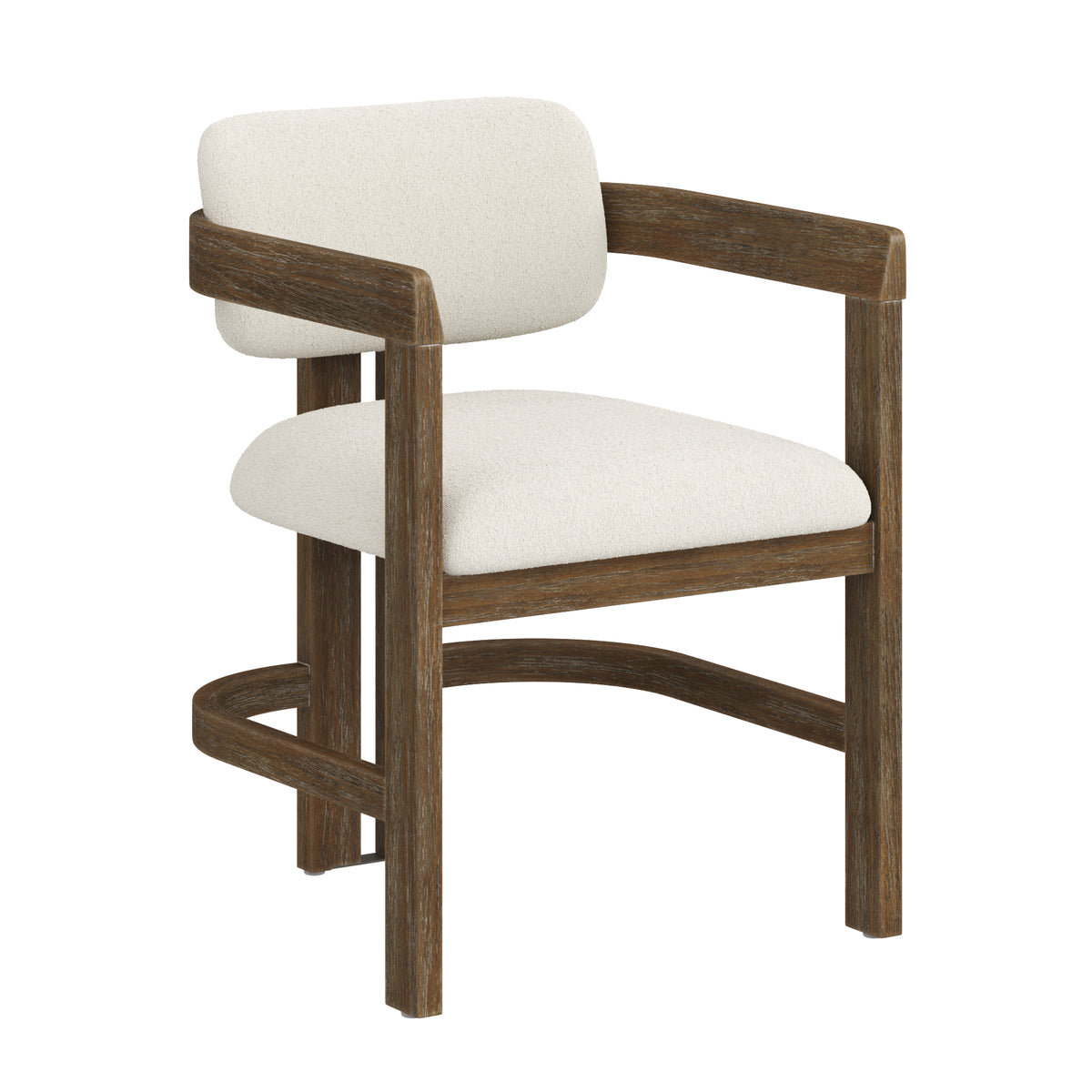 Modern Boucle Wood Dining Chair w/ Curved Back Dark Brown with a dark wood frame and off-white textured upholstery.