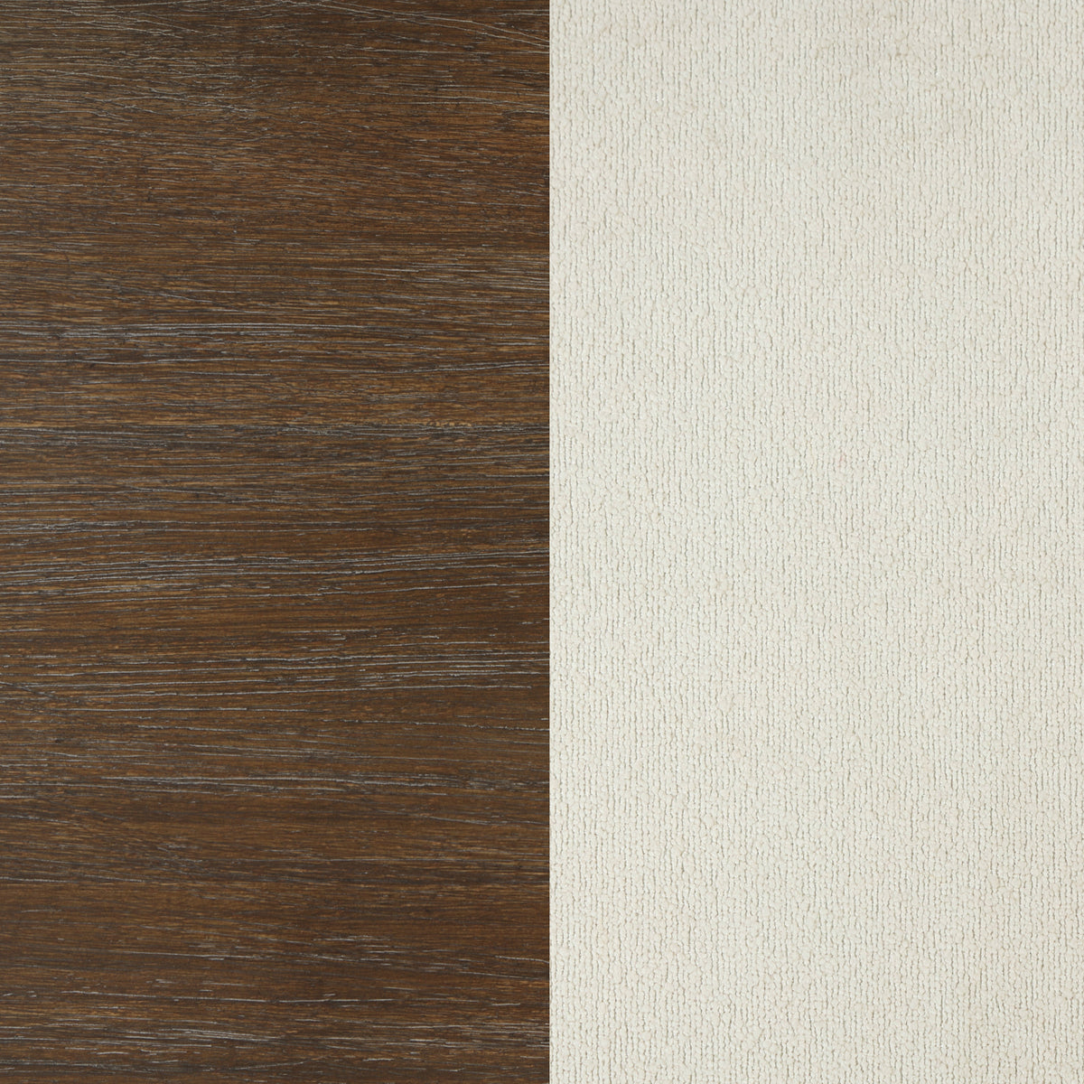 Split image showing dark brown wood grain next to the off-white textured fabric of a Modern Boucle Wood Dining Chair.
