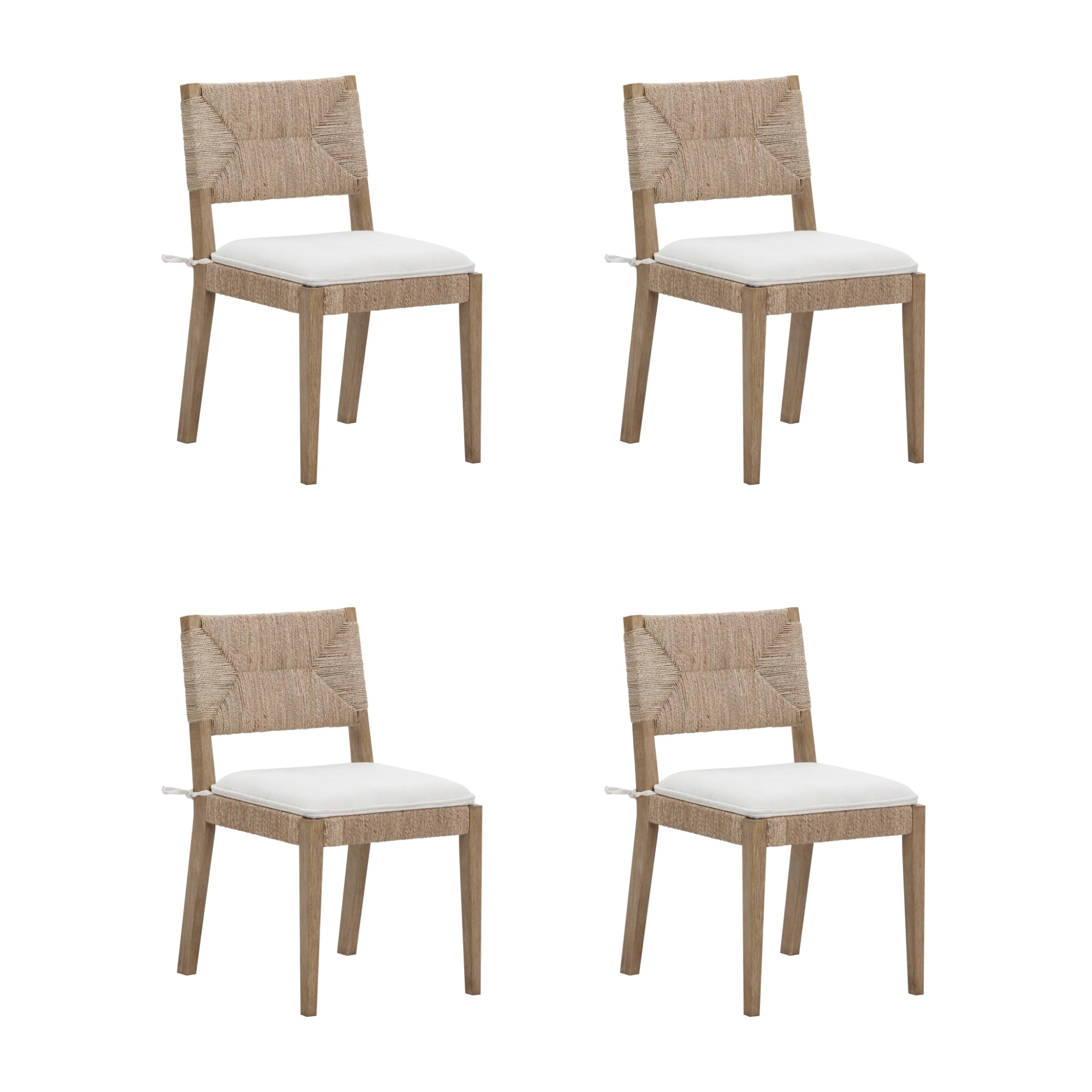 Set of four wooden dining chairs with natural woven backs and white cushioned seats, arranged in a grid pattern on a white background.