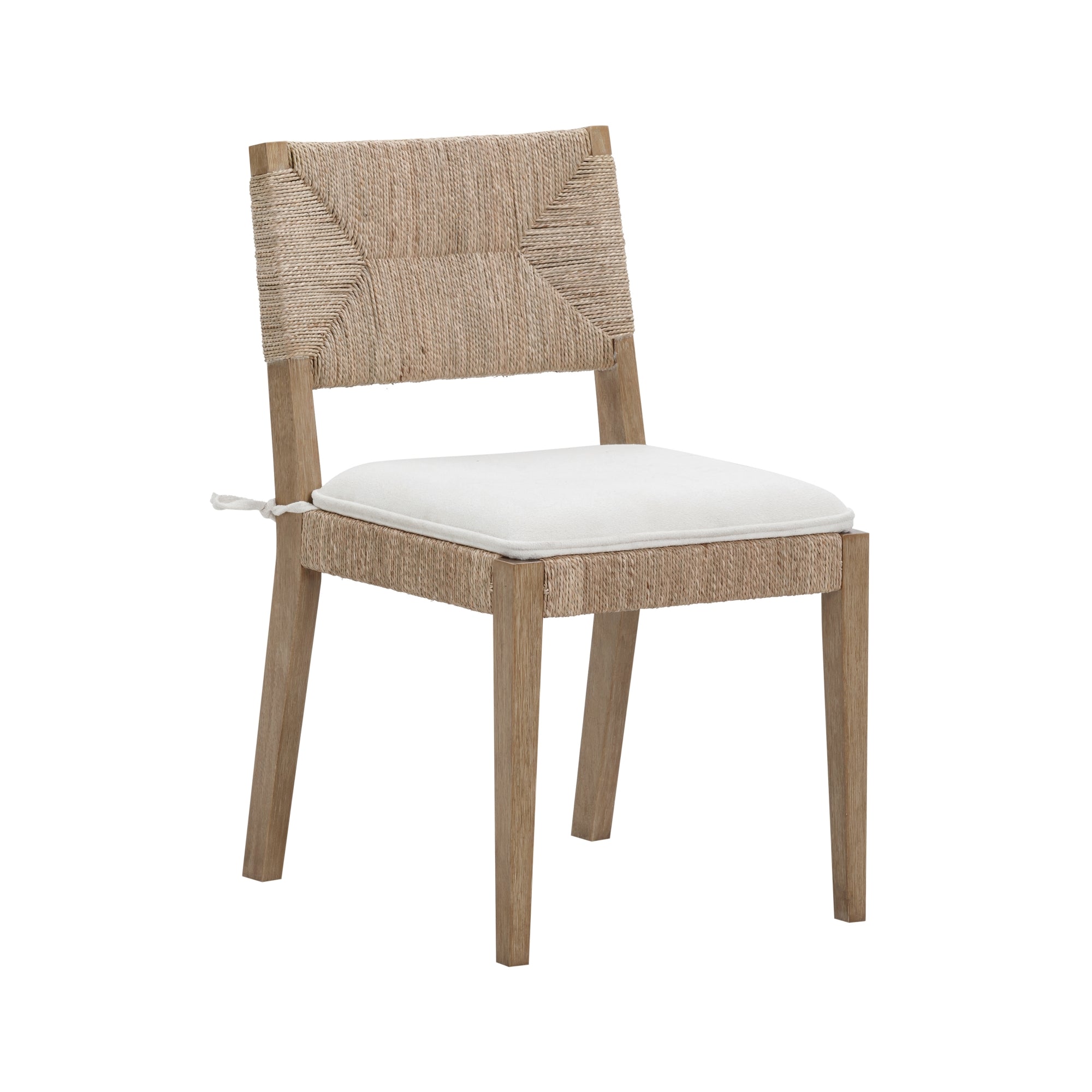 A wooden chair with a woven backrest, light wood frame, and a white cushioned seat, shown against a white background.