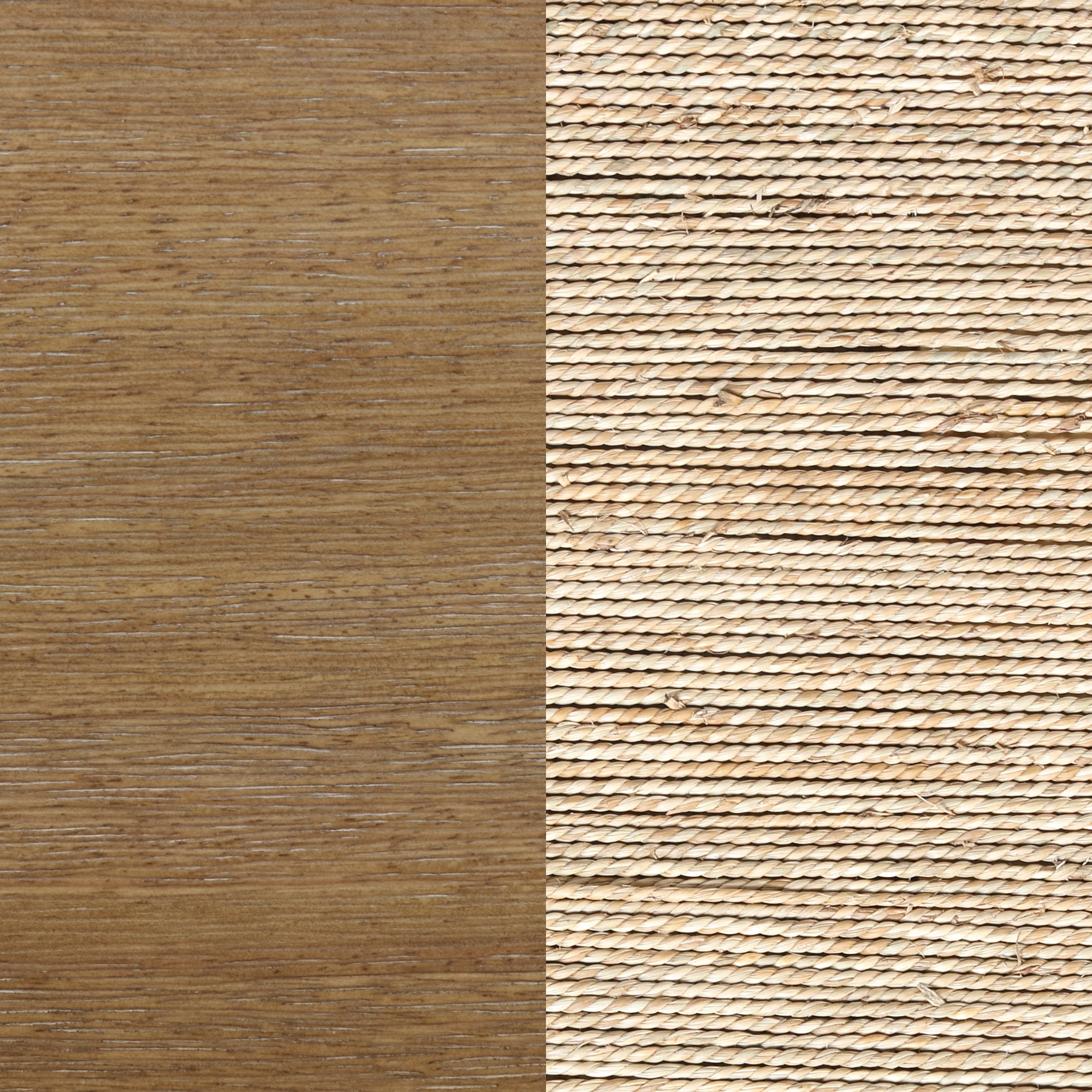 A split image showing two textures: the left side is smooth, light brown wood, and the right side is beige woven rope in a tight, horizontal pattern.