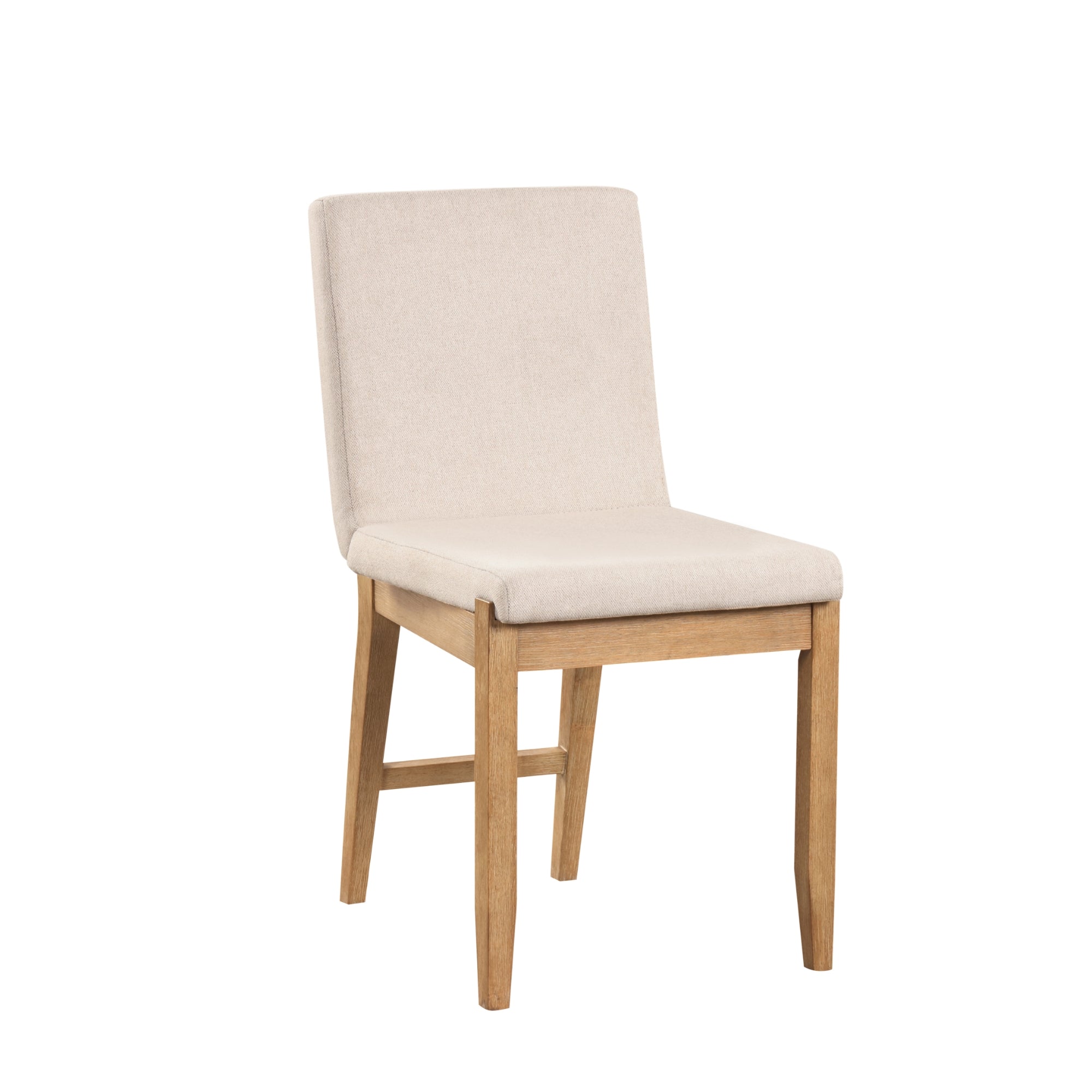A wooden chair with a light beige cushioned seat and backrest, shown against a white background. The design is simple and modern.