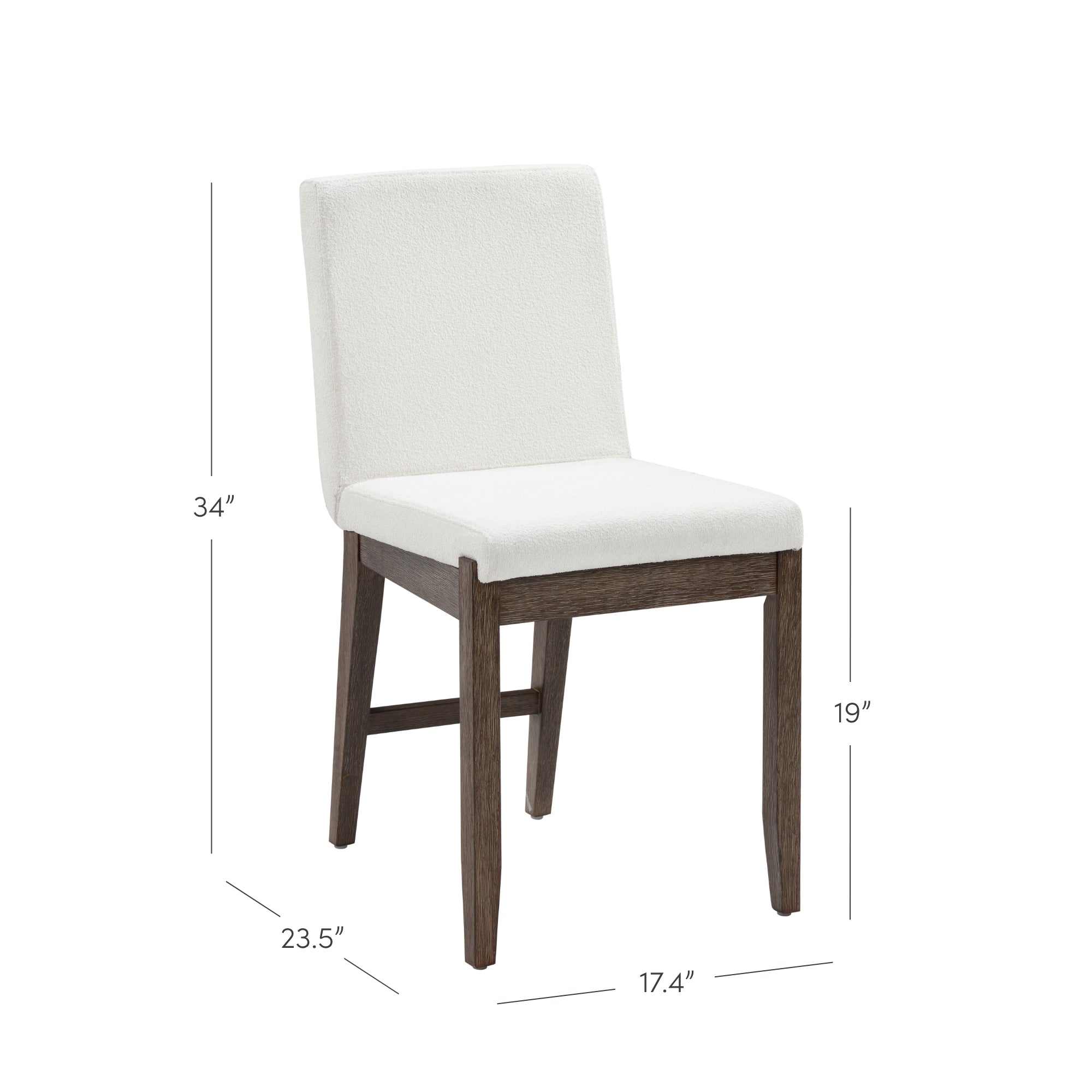 A modern chair with a white upholstered seat and backrest, dark wood legs, and a support bar. The chair measures 34 tall, 23.5 deep, 17.4 wide, and has a seat height of 19.