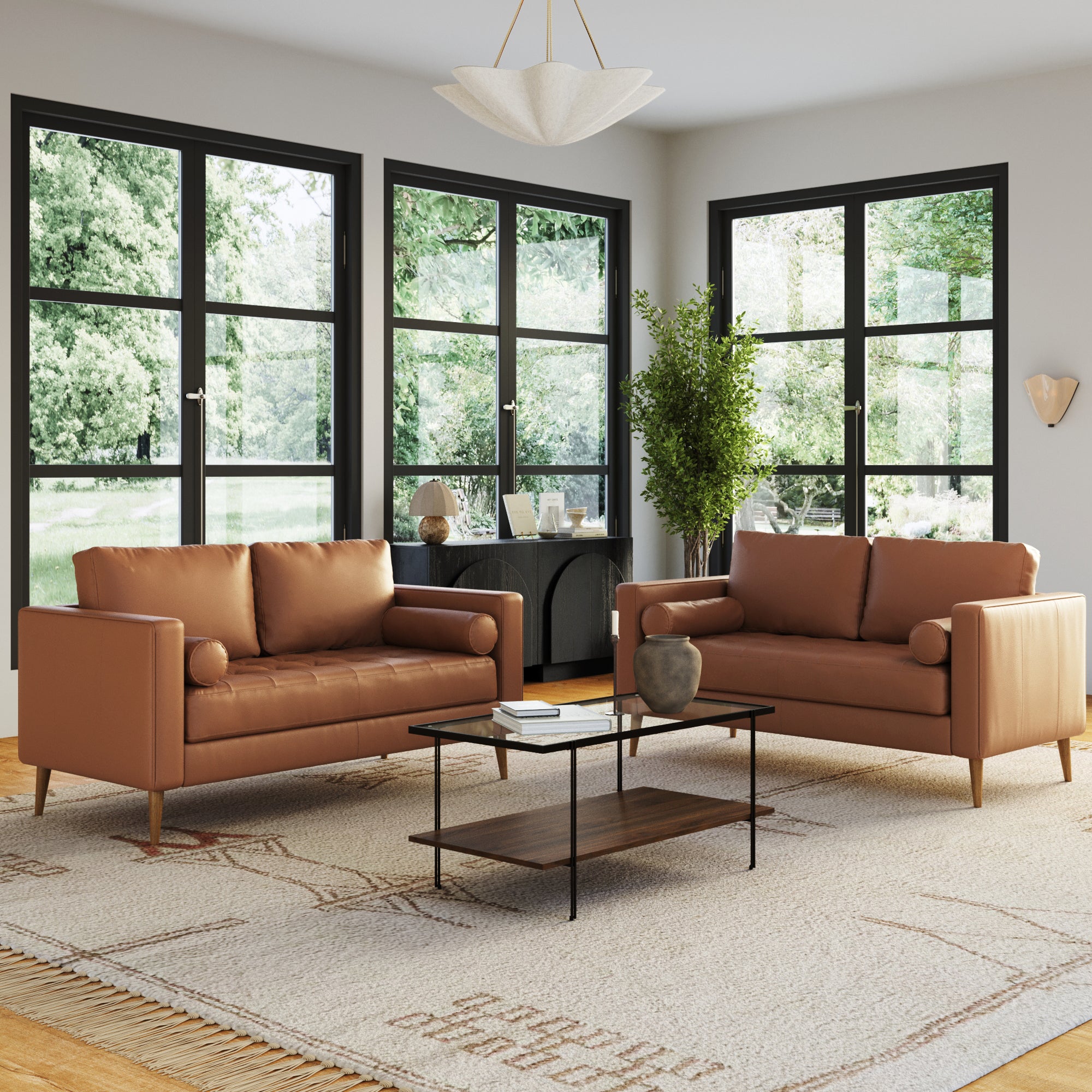 Mid - Century Tufted Leather Loveseat Sofa with Bench Seat Camel - Nathan James
