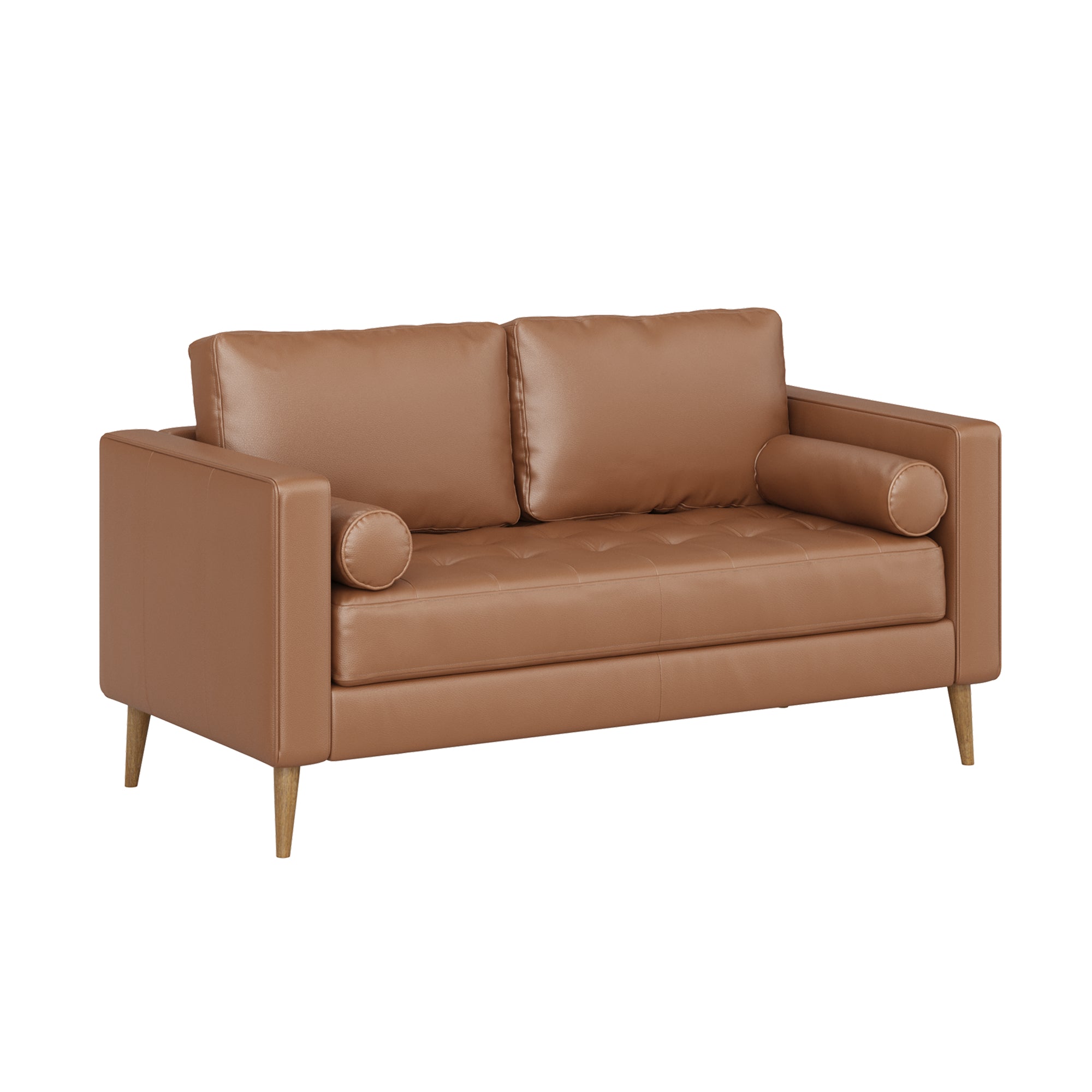 A modern brown leather loveseat with two square back cushions, two cylindrical bolster pillows, and angled wooden legs, shown against a plain white background.