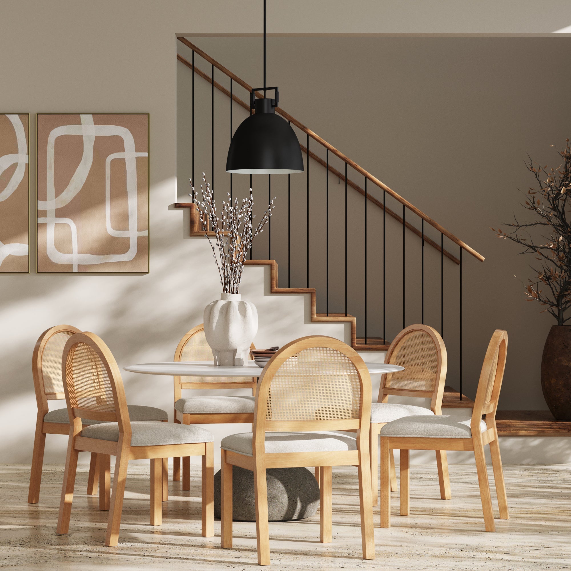 Boucle & Rattan Dining Chairs Warm Pine (Set of 6) - Nathan James