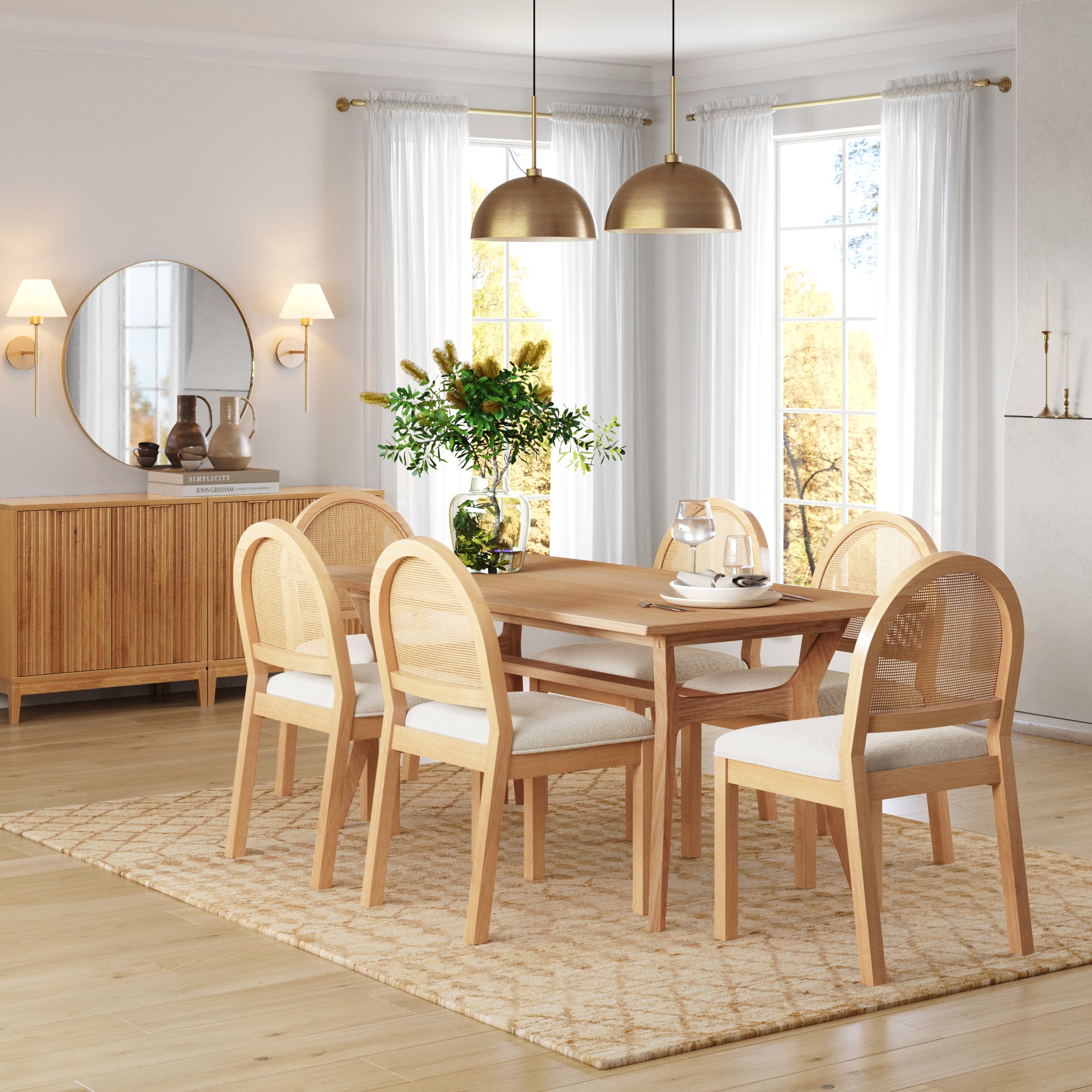 Boucle & Rattan Dining Chairs Warm Pine (Set of 6) - Nathan James
