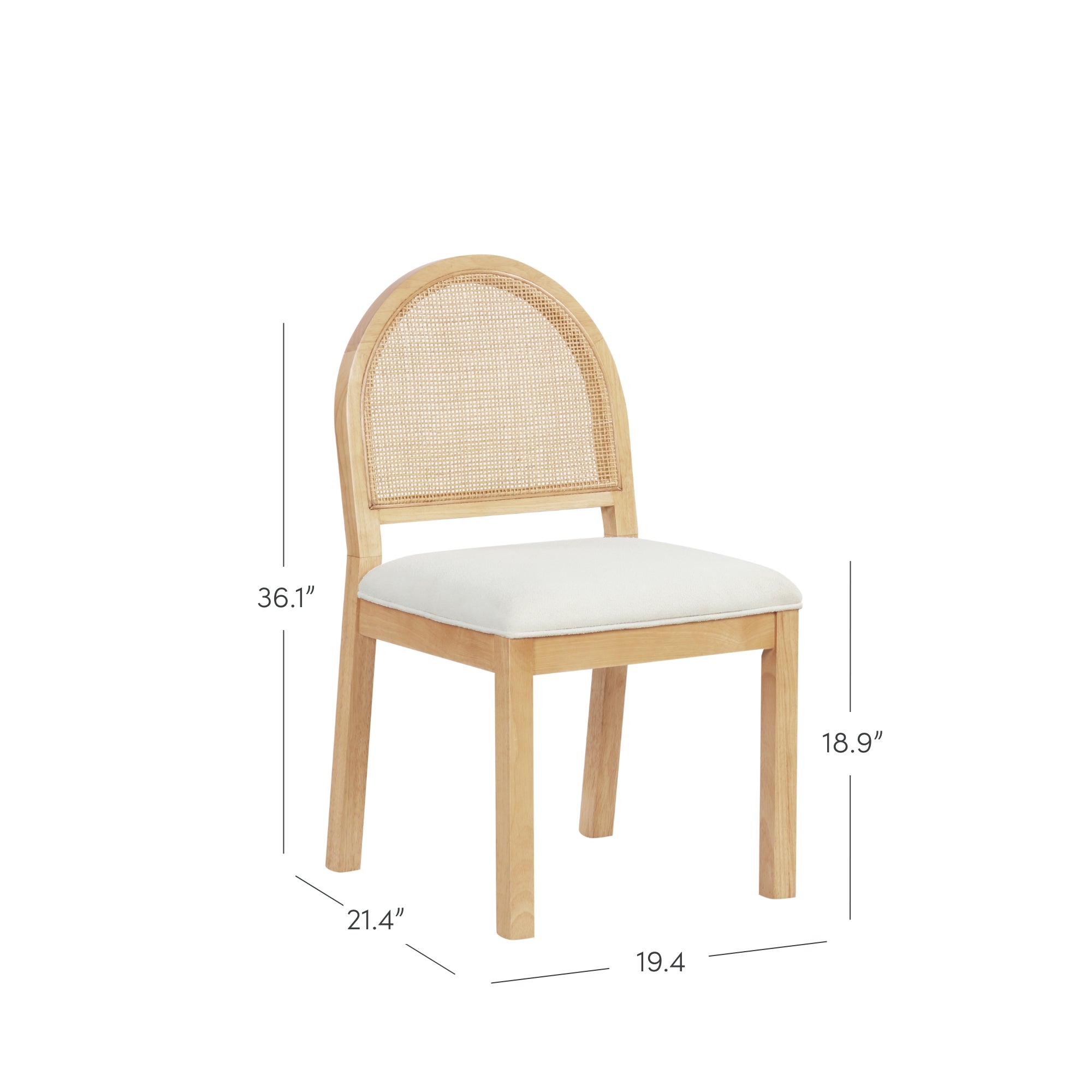 A wooden chair with a rounded woven rattan backrest and a white cushioned seat. Dimensions shown: 36.1 high, 21.4 deep, 19.4 wide, and seat height of 18.9.