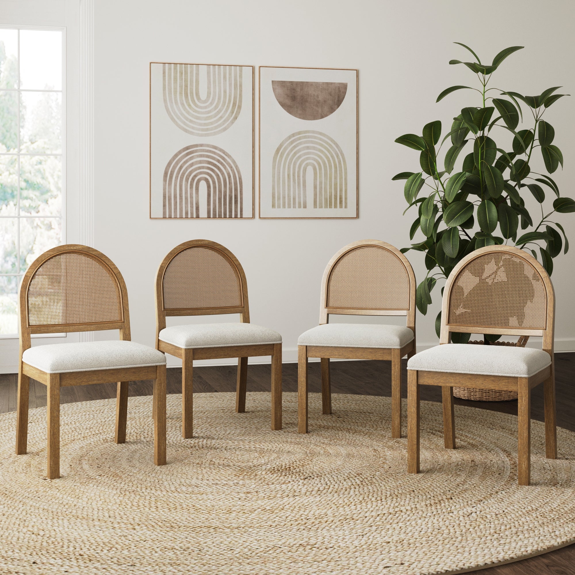 Boucle & Rattan Dining Chairs Light Brown (Set of 4) - Nathan James