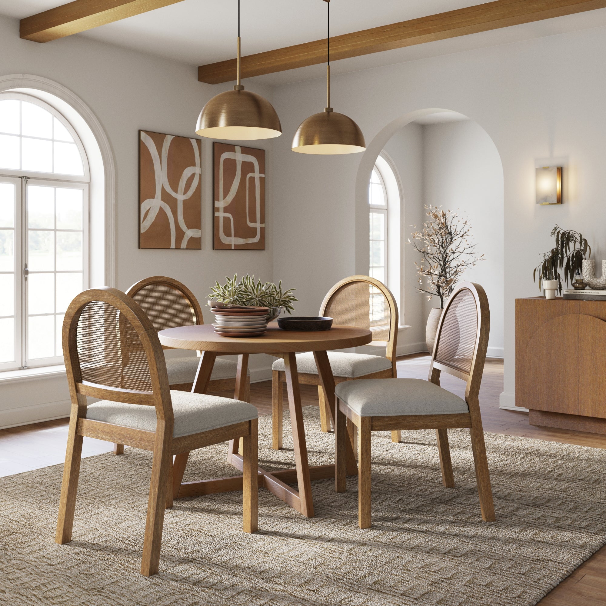 Boucle & Rattan Dining Chairs Light Brown (Set of 4) - Nathan James