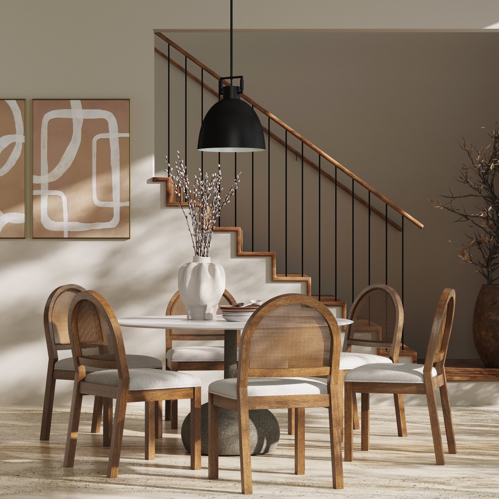 Boucle & Rattan Dining Chairs Light Brown (Set of 6) - Nathan James