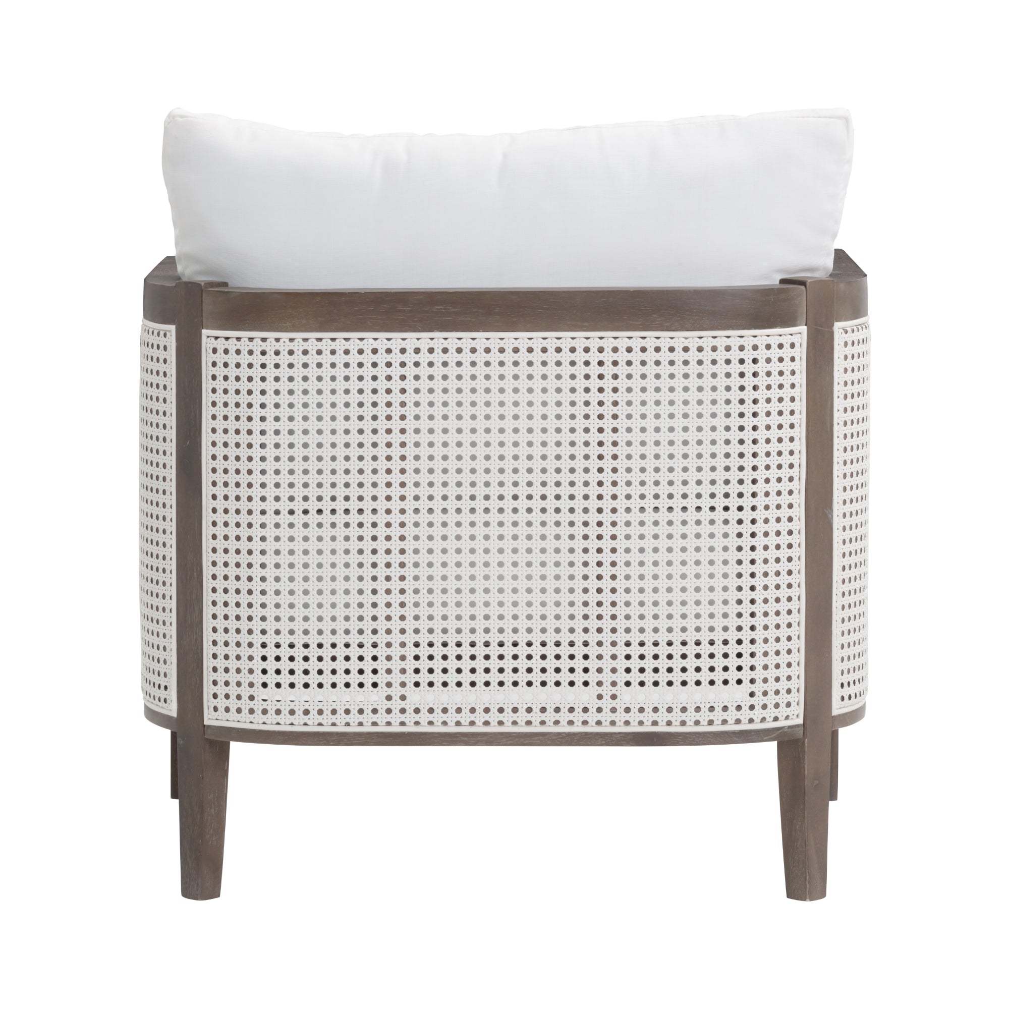 A wooden armchair with a light brown frame, cane webbing on the back and sides, and a white upholstered cushion on the seat and backrest, shown from the back against a white background.