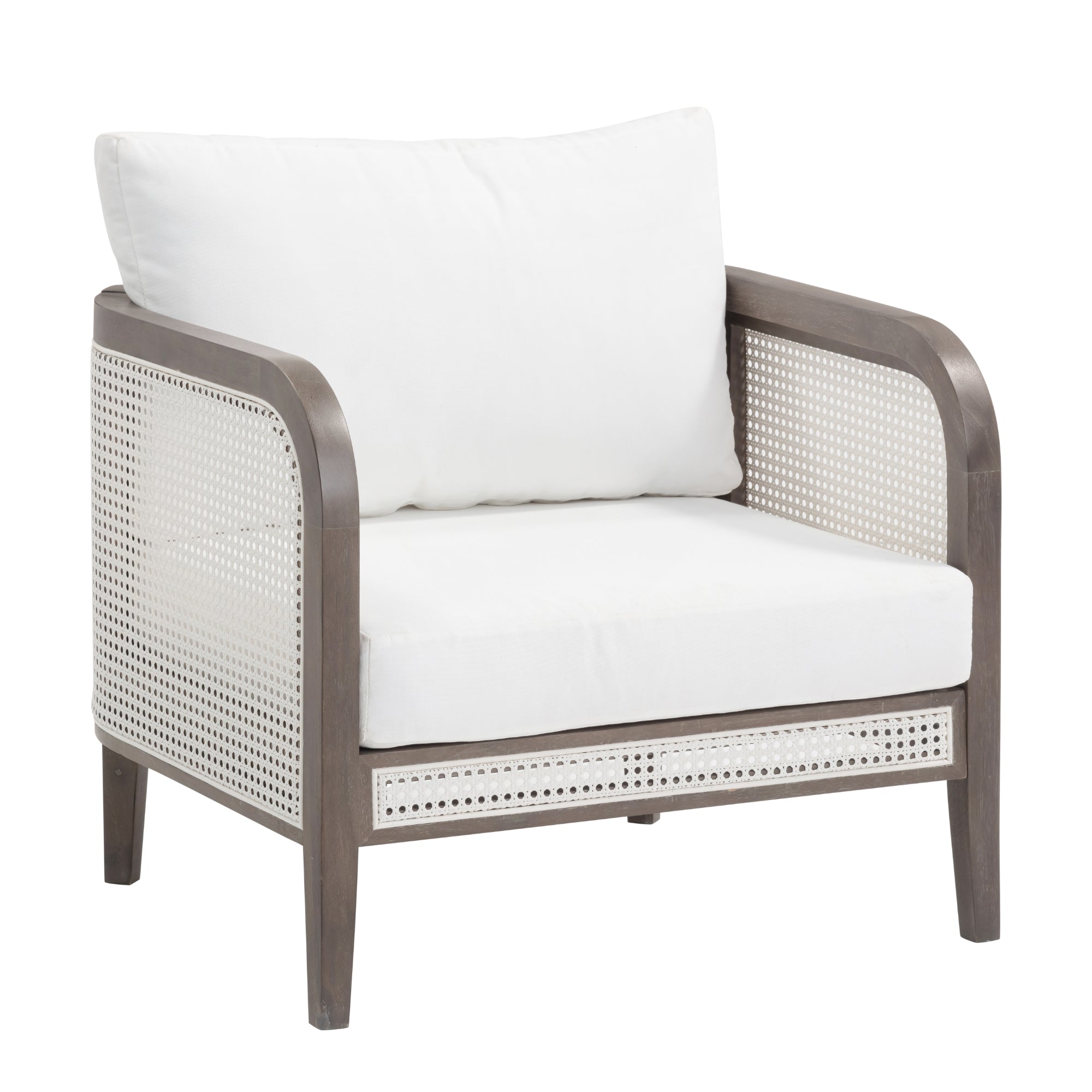 A modern armchair with a wooden frame, white seat and back cushions, and woven cane panels on the sides and front.