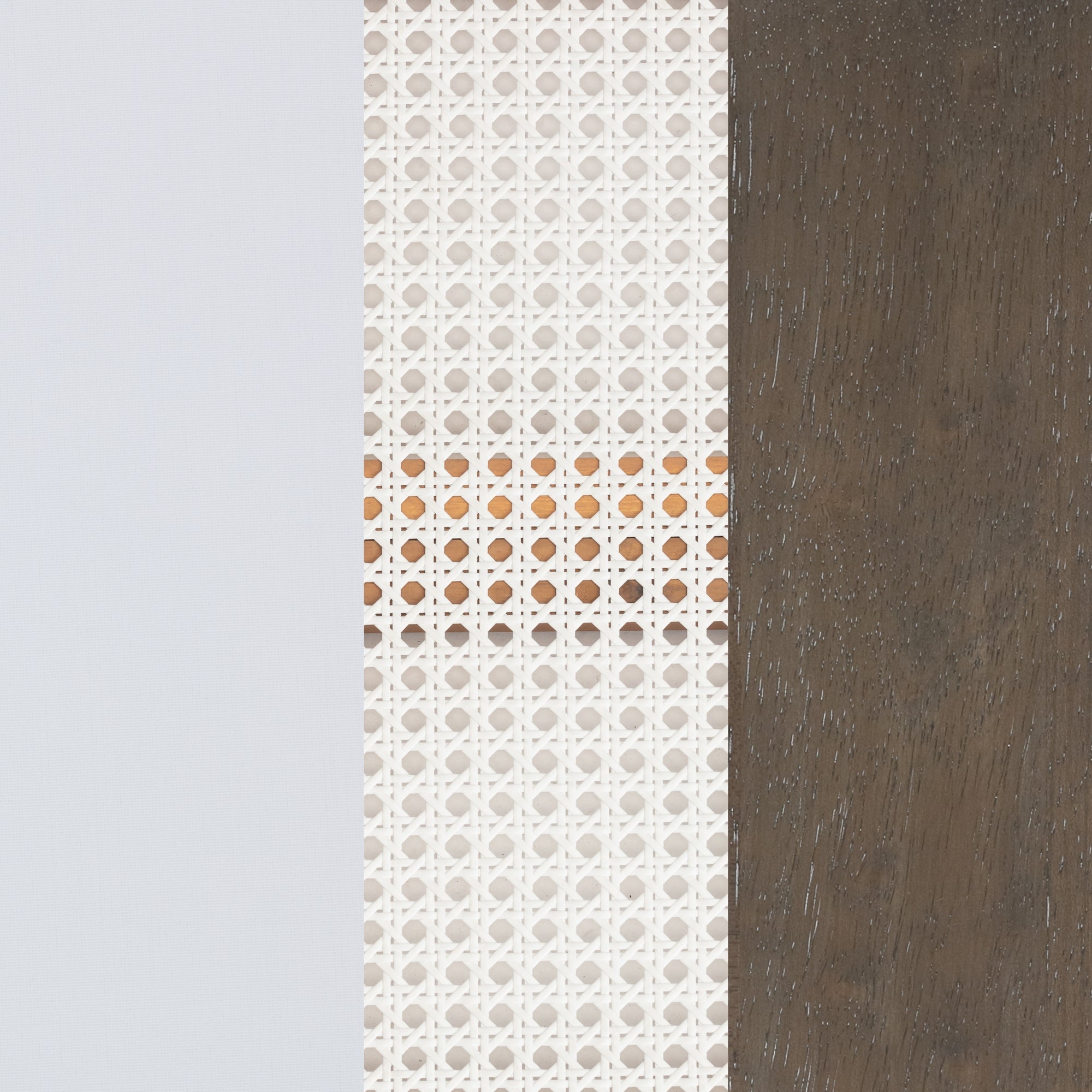 A close-up of three vertical panels: white on the left, a woven cane mesh with small holes in the center, and dark brown wood with visible grain on the right.