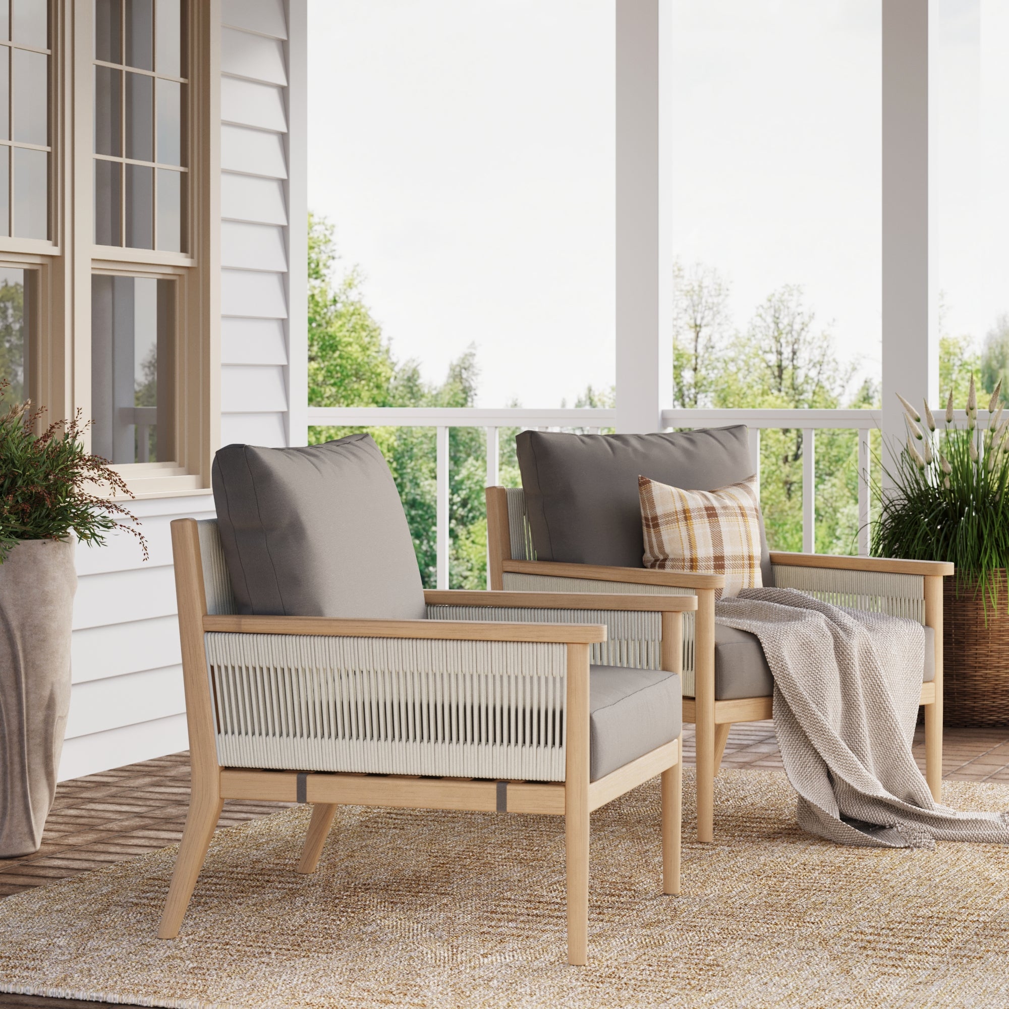 Outdoor Wood & Rope Patio Arm Chairs Medium Gray (Set of 2) - Nathan James