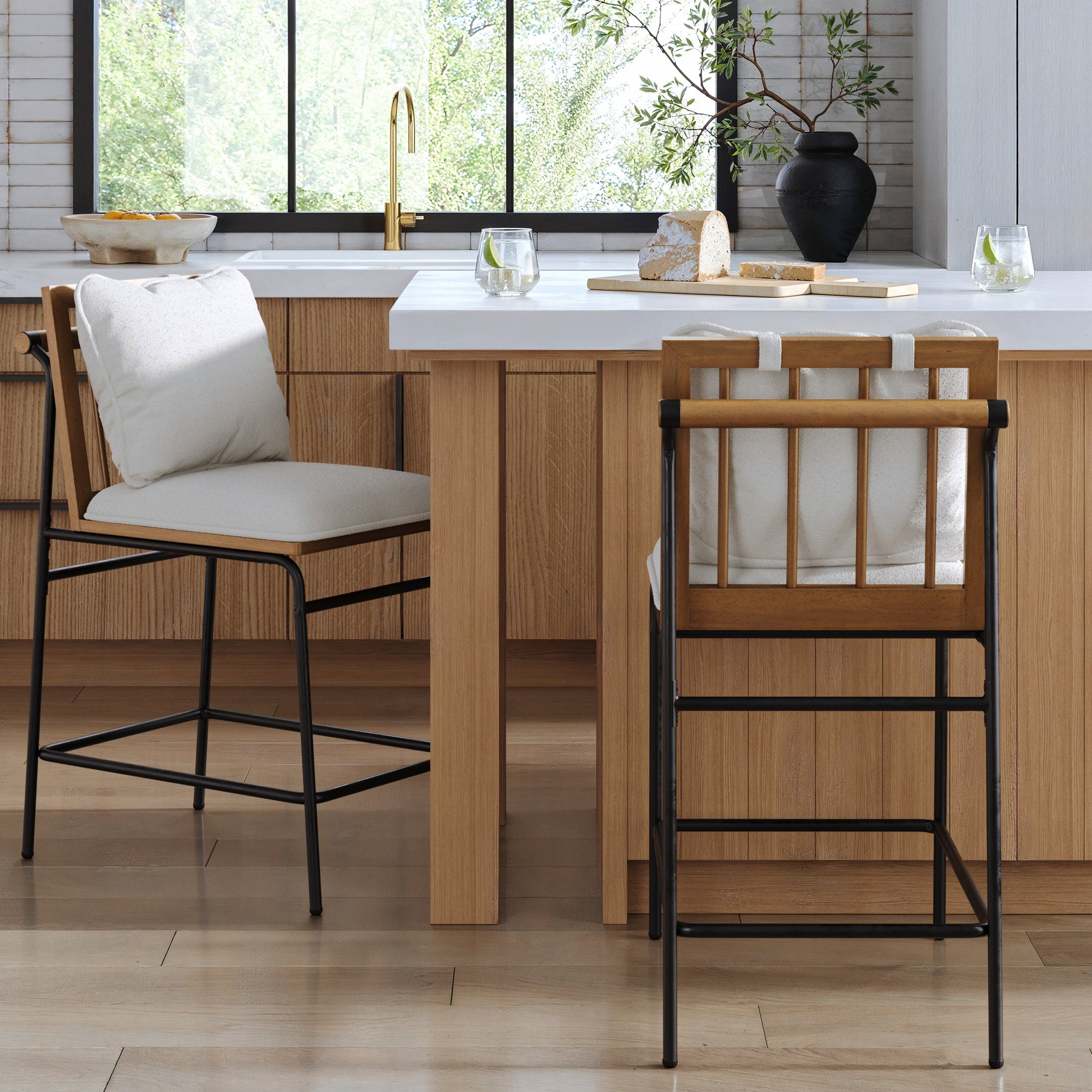 Metal Bar Stool with Cushion and Solid Wood Frame (Set of 2) - Nathan James