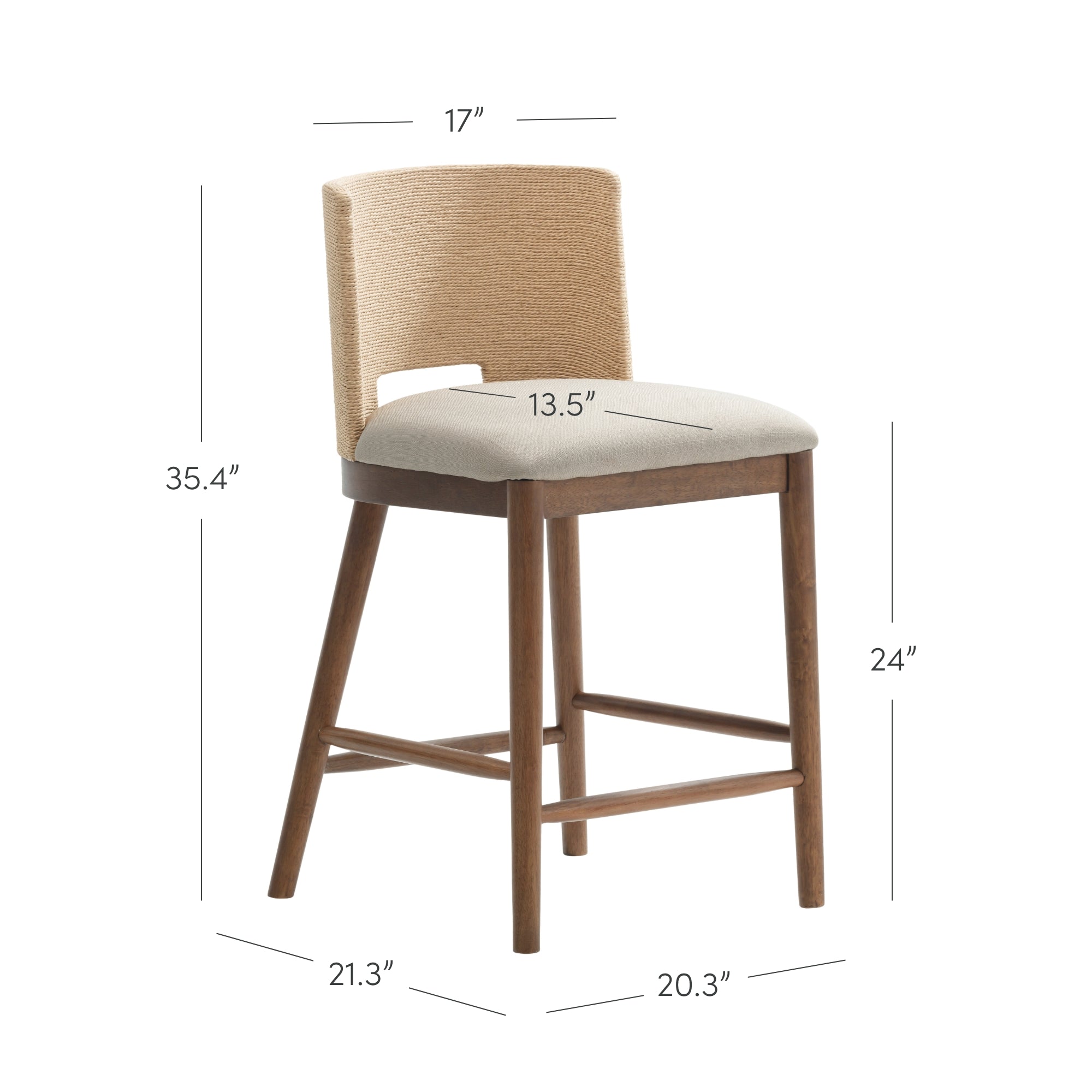 Barstool with a wooden frame, woven backrest, light cushioned seat, and measurements: 35.4 tall, seat height 24, backrest width 17, seat width 13.5, and base dimensions 21.3 by 20.3.