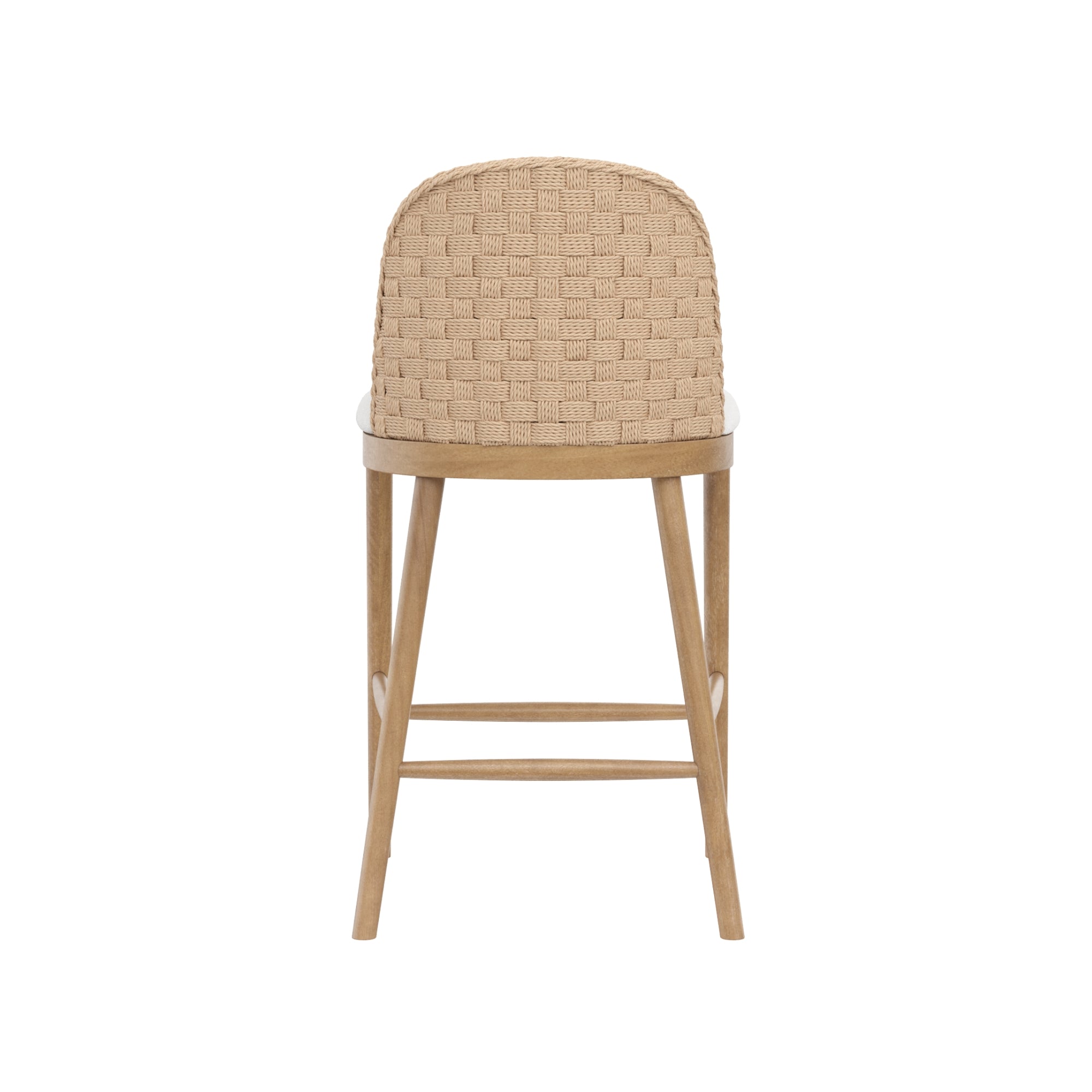 A wooden barstool with four legs and a footrest, featuring a rounded backrest with a woven, textured beige pattern. The chair is shown from the back against a white background.