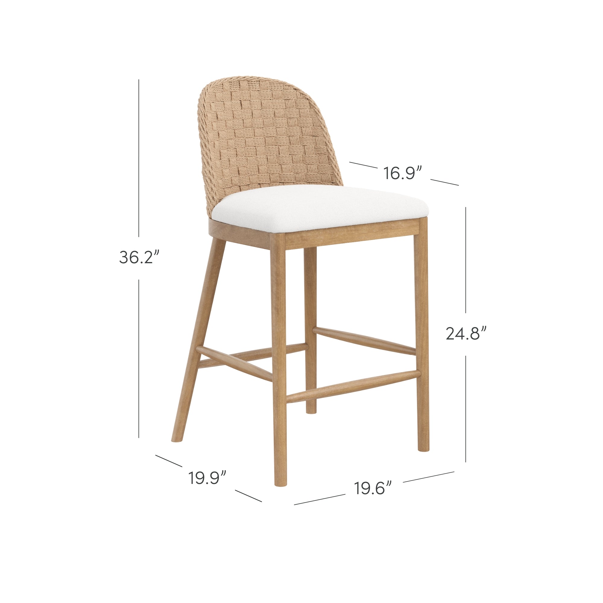 A wooden bar stool with a woven rattan backrest and white cushioned seat. The chair’s dimensions are labeled: height 36.2, seat height 24.8, width 19.6, and depth 19.9.